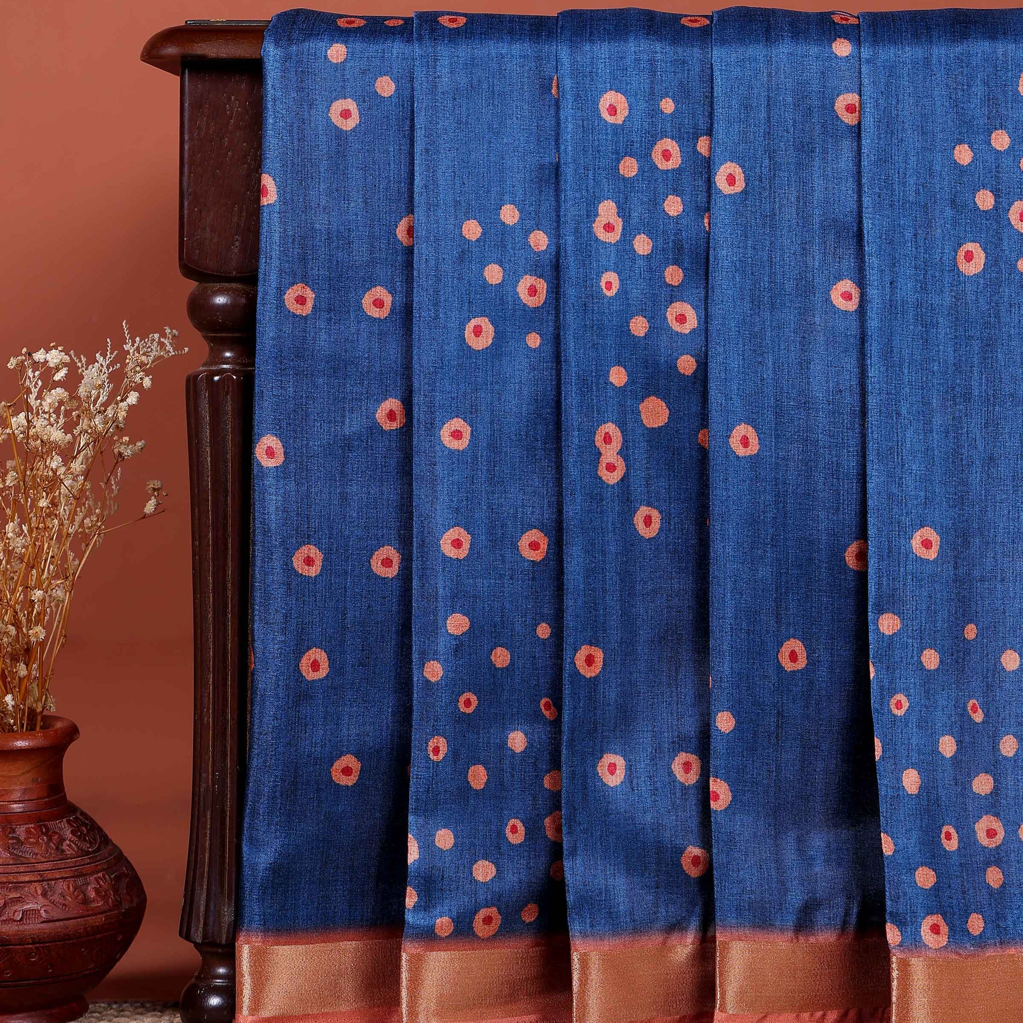 Elegant Dola Saree with Woven Polka Dot Motifs and Detailed Floral - Blue