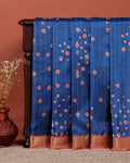 Elegant Dola Saree with Woven Polka Dot Motifs and Detailed Floral - Blue