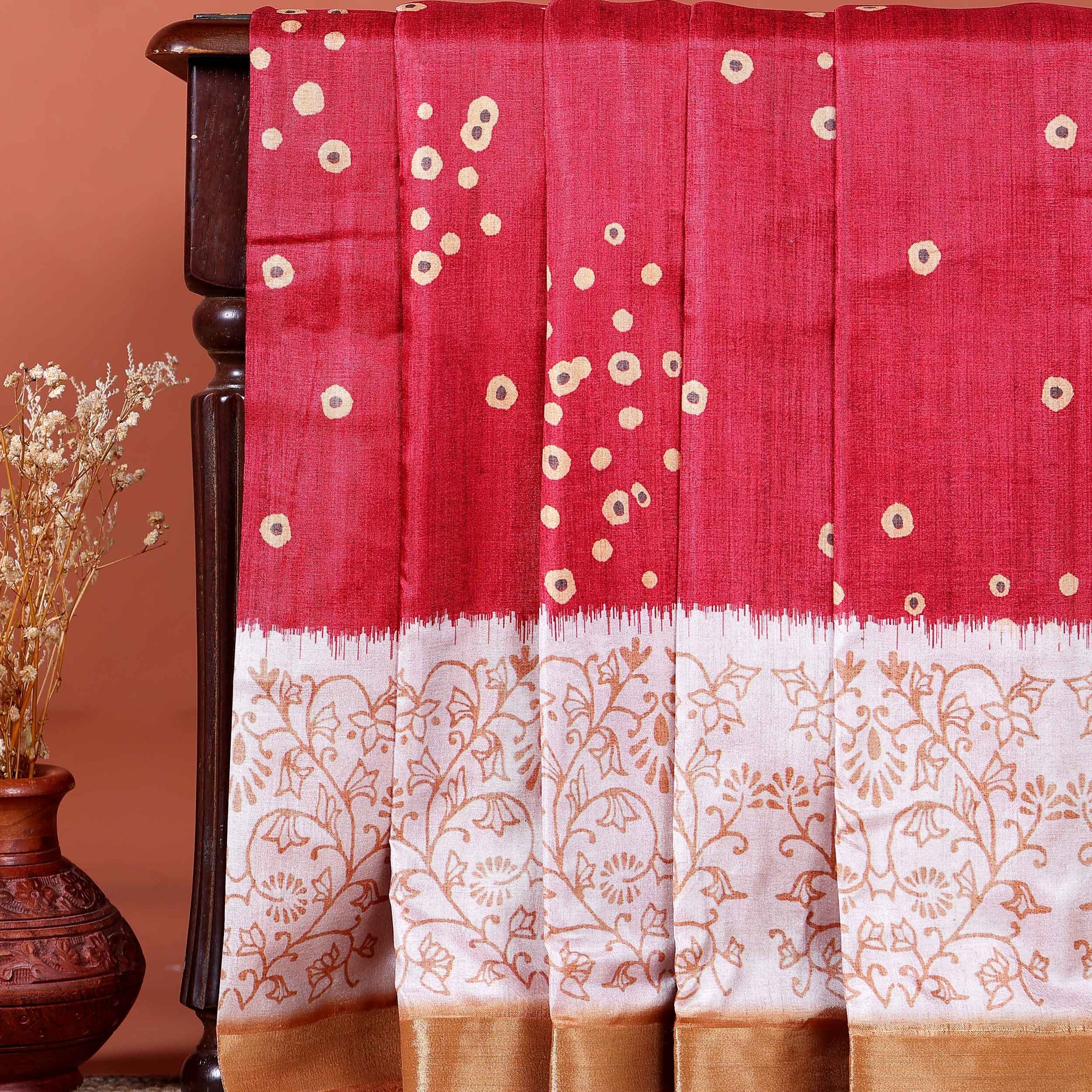 Elegant Dola Saree with Woven Polka Dot Motifs and Detailed Floral - Red