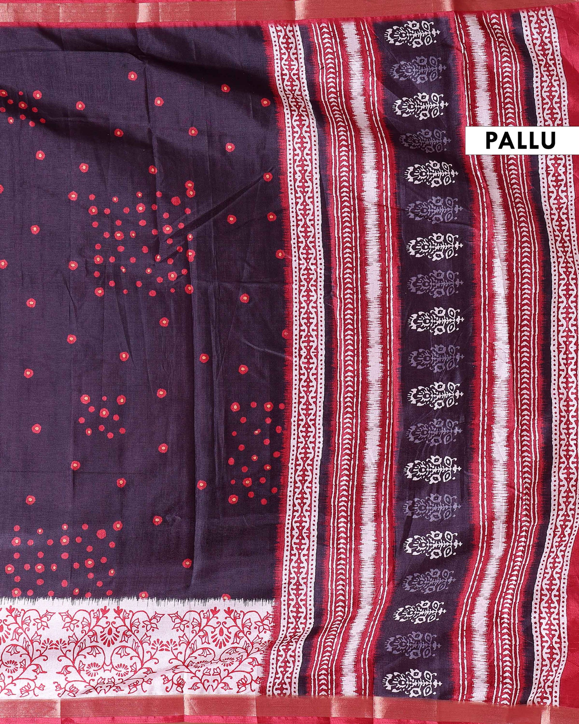 Elegant Dola Saree with Woven Polka Dot Motifs and Detailed Floral Border - Black-PALLU