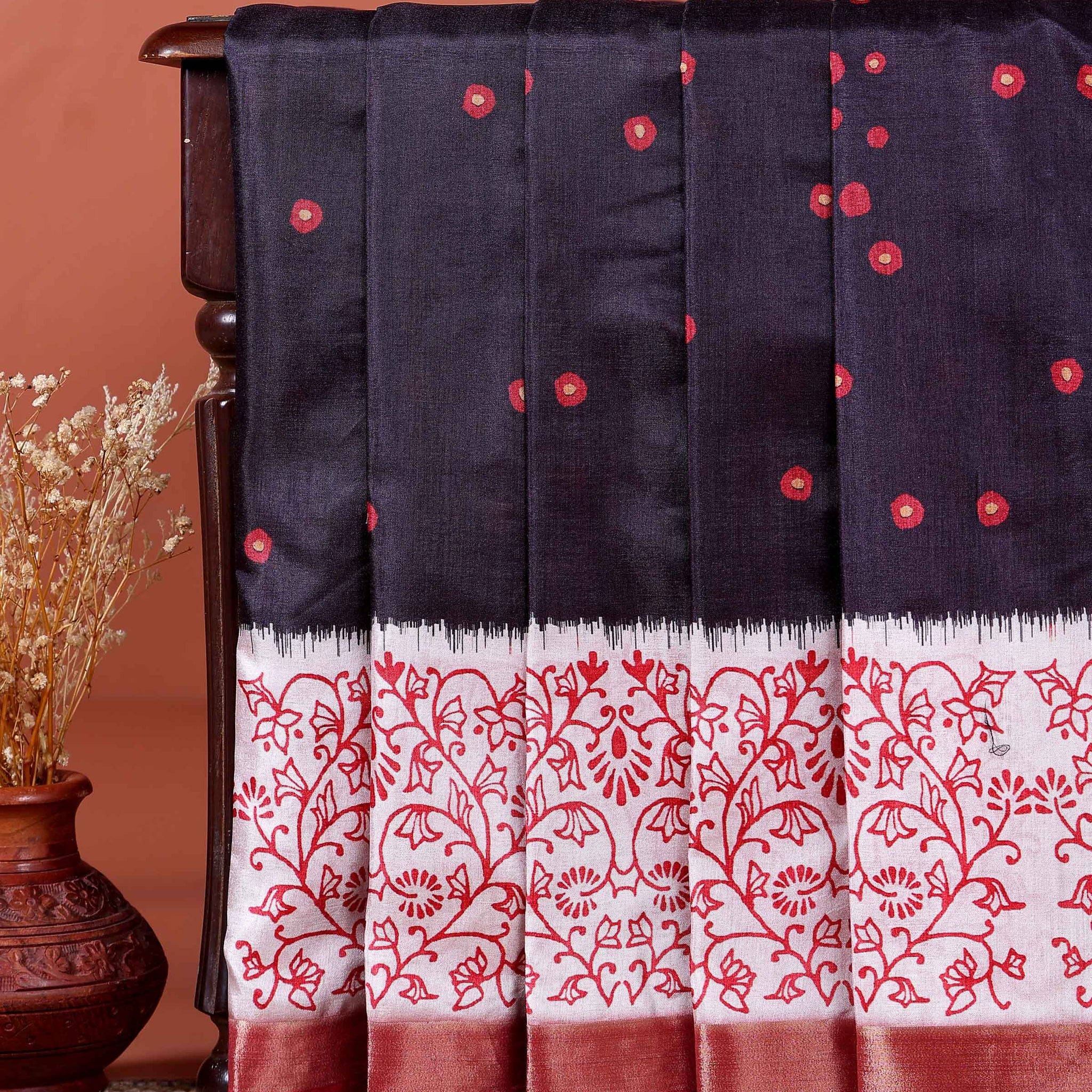 Elegant Dola Saree with Woven Polka Dot Motifs and Detailed Floral Border - Black