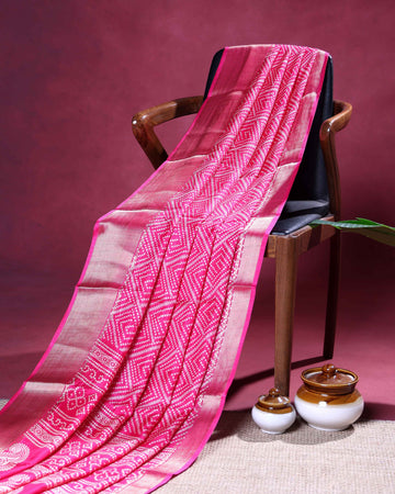 Elegant Dola Silk Saree with All-Over Diamond Bandhani Inspired Motifs and Elegant Woven Border - Pink
