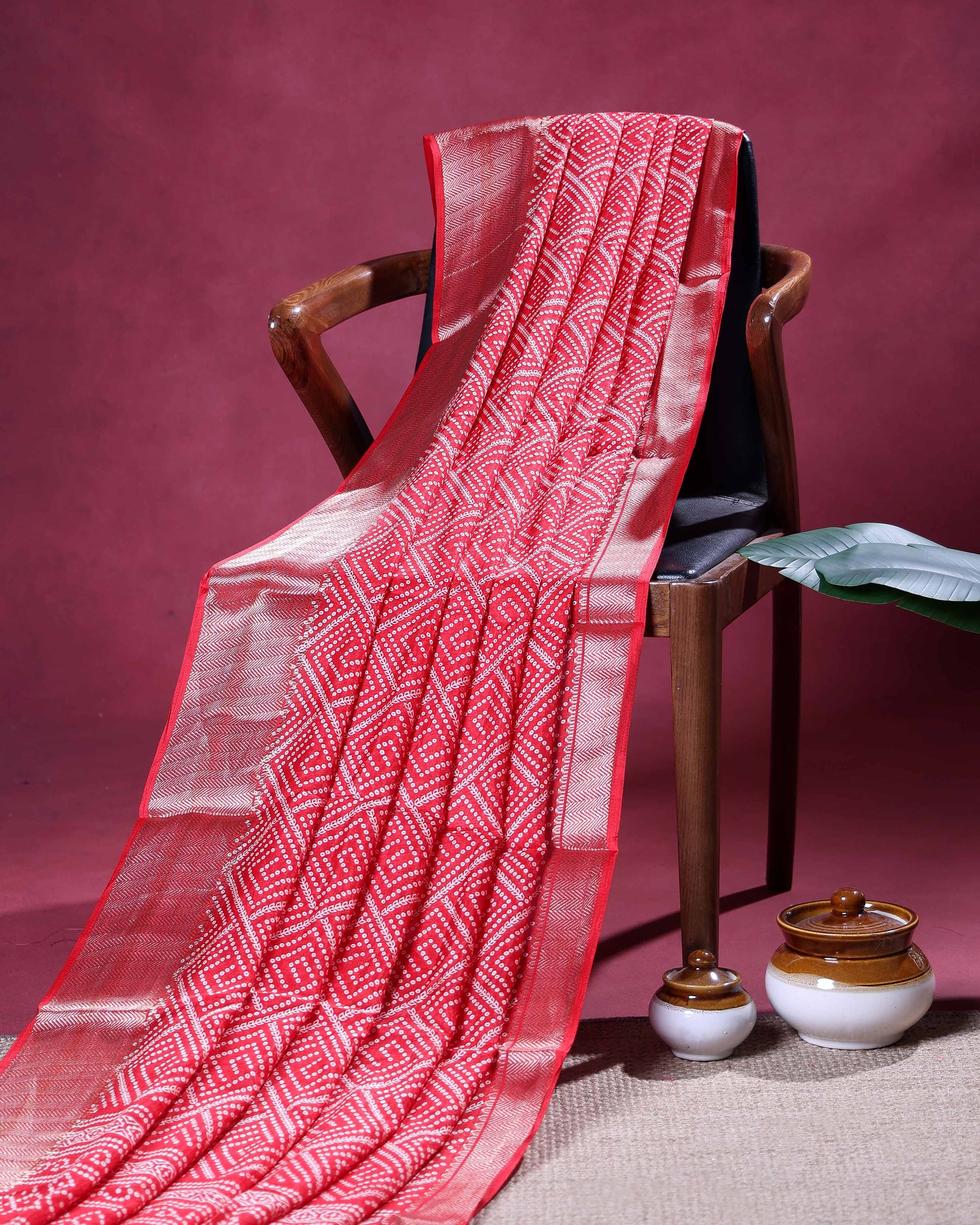 Elegant Dola Silk Saree with All-Over Diamond Bandhani Inspired Motifs and Elegant Woven Border  - Red