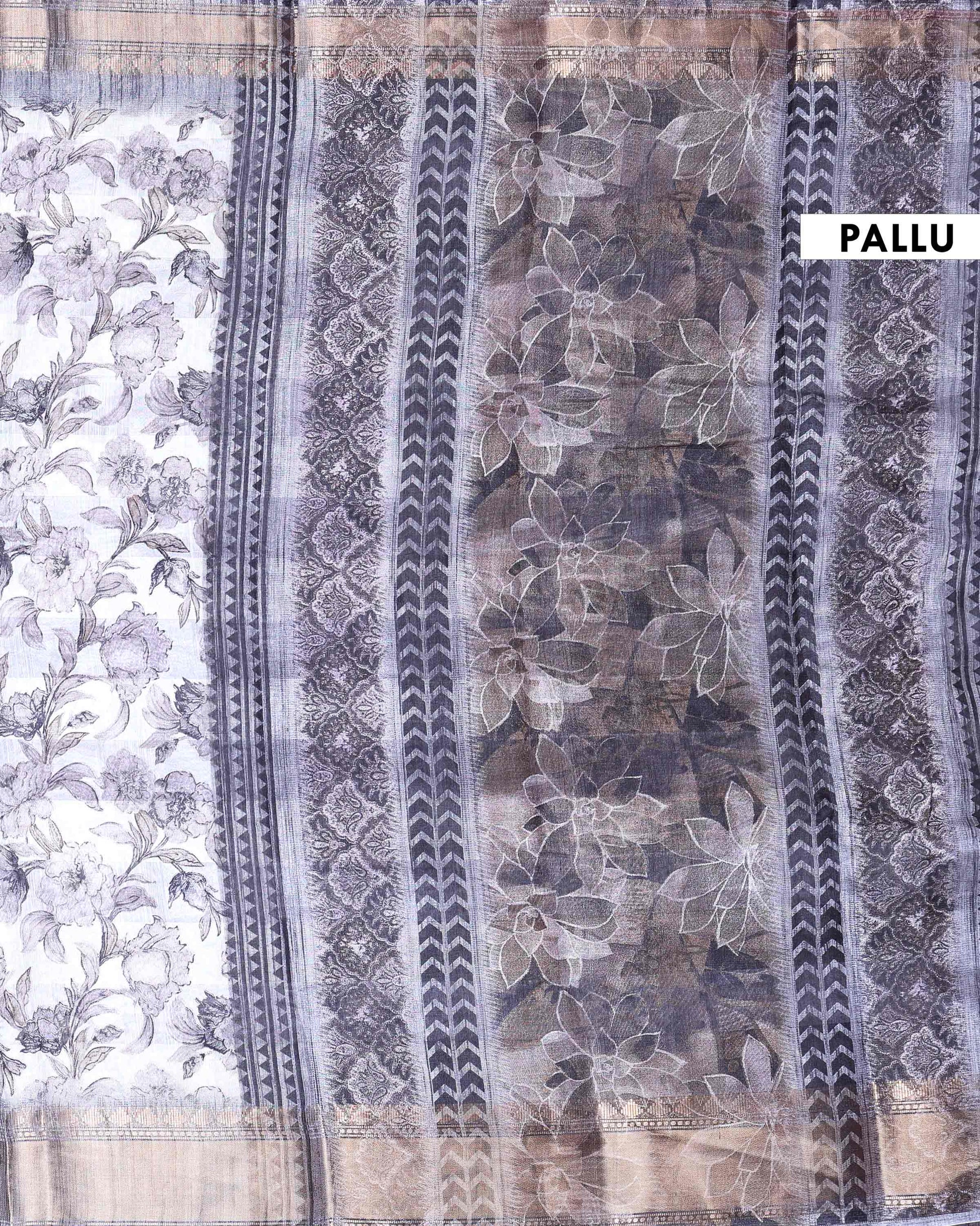 Elegant Dola Silk Saree with All-Over Floral Print and Traditional Woven Border - White-Pallu