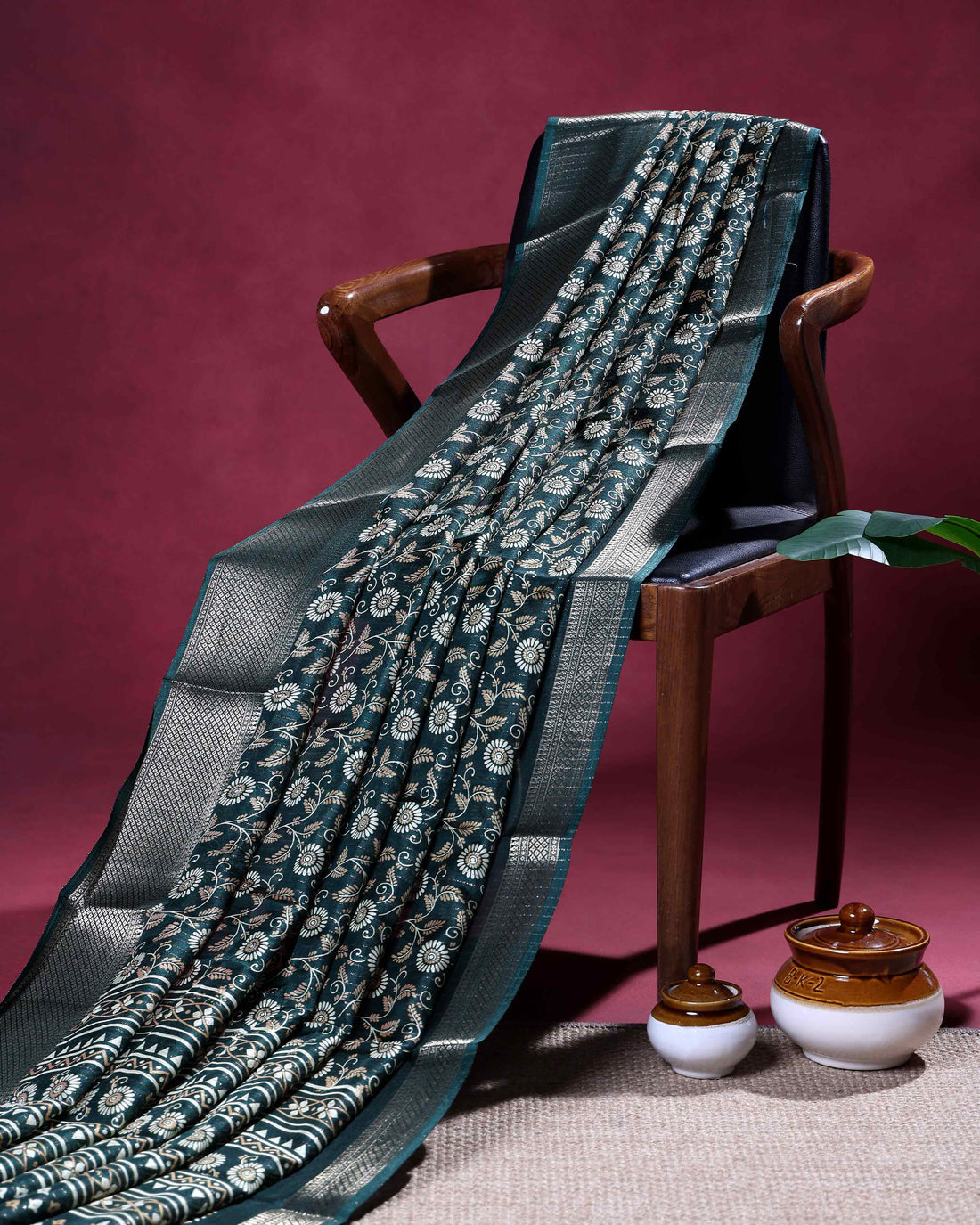 Elegant Dola Silk Saree with All-Over Floral Vine Motifs and Rich Traditional Zari Woven Border - Dark Green