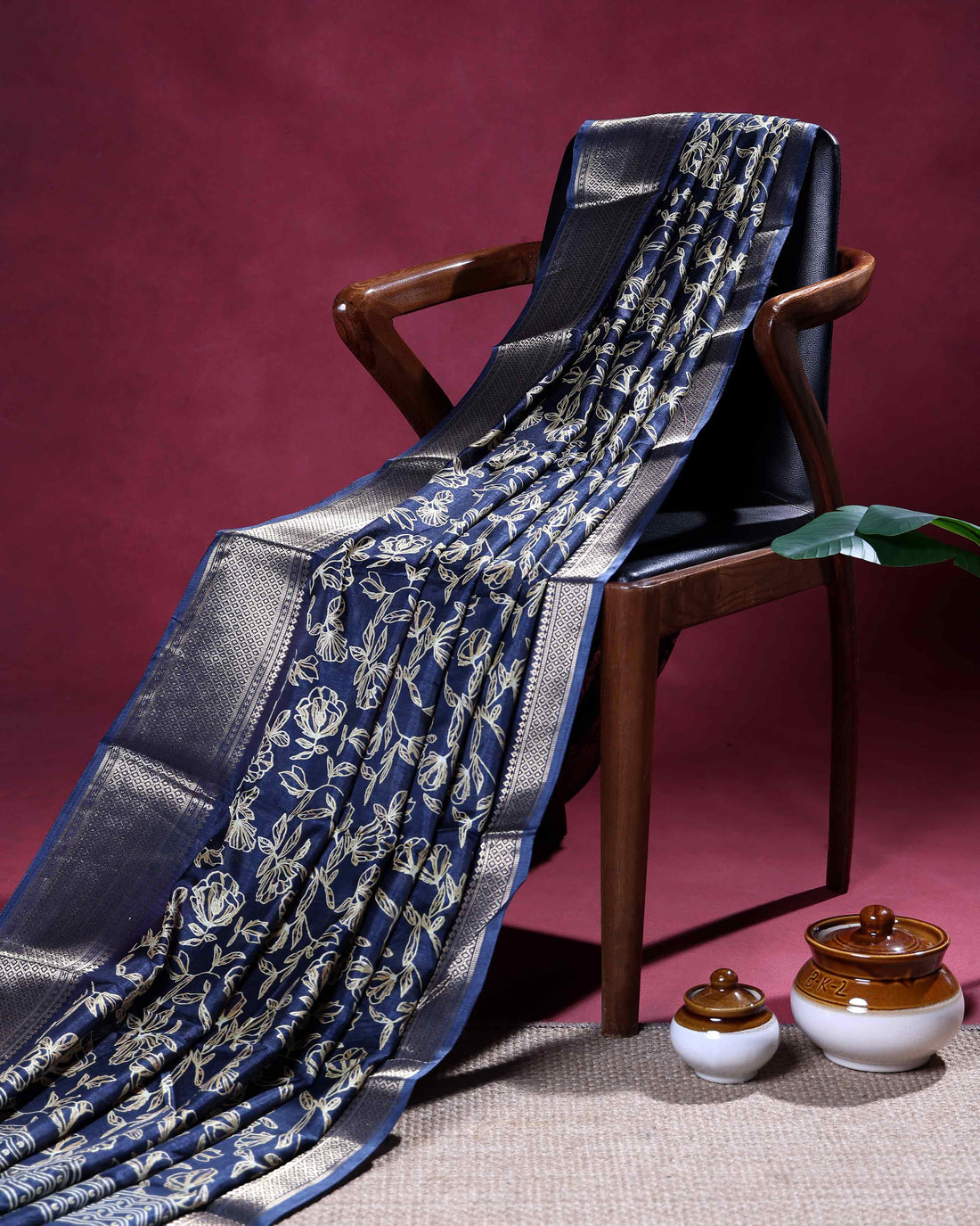 Elegant Dola Silk Saree with All-Over Floral Vine Weave and Intricately Woven Traditional Border - Navy Blue