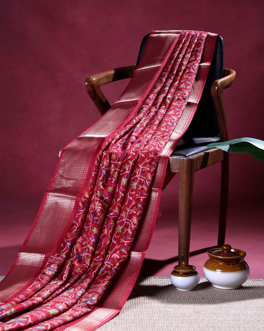 Elegant Dola Silk Saree with All-Over Floral Vine Weaving and Rich Traditional Zari Border with Contrast Pallu - Maroon