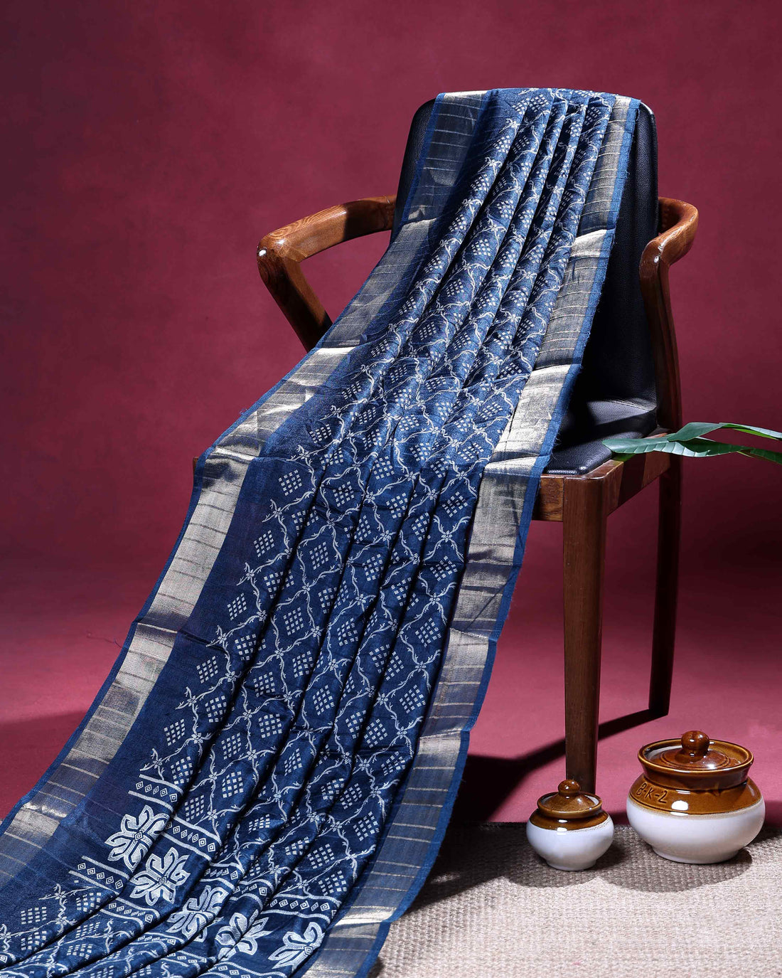 Elegant Dola Silk Saree with All-Over Geometric Lattice Motifs and Traditional Woven Border - Navy Blue