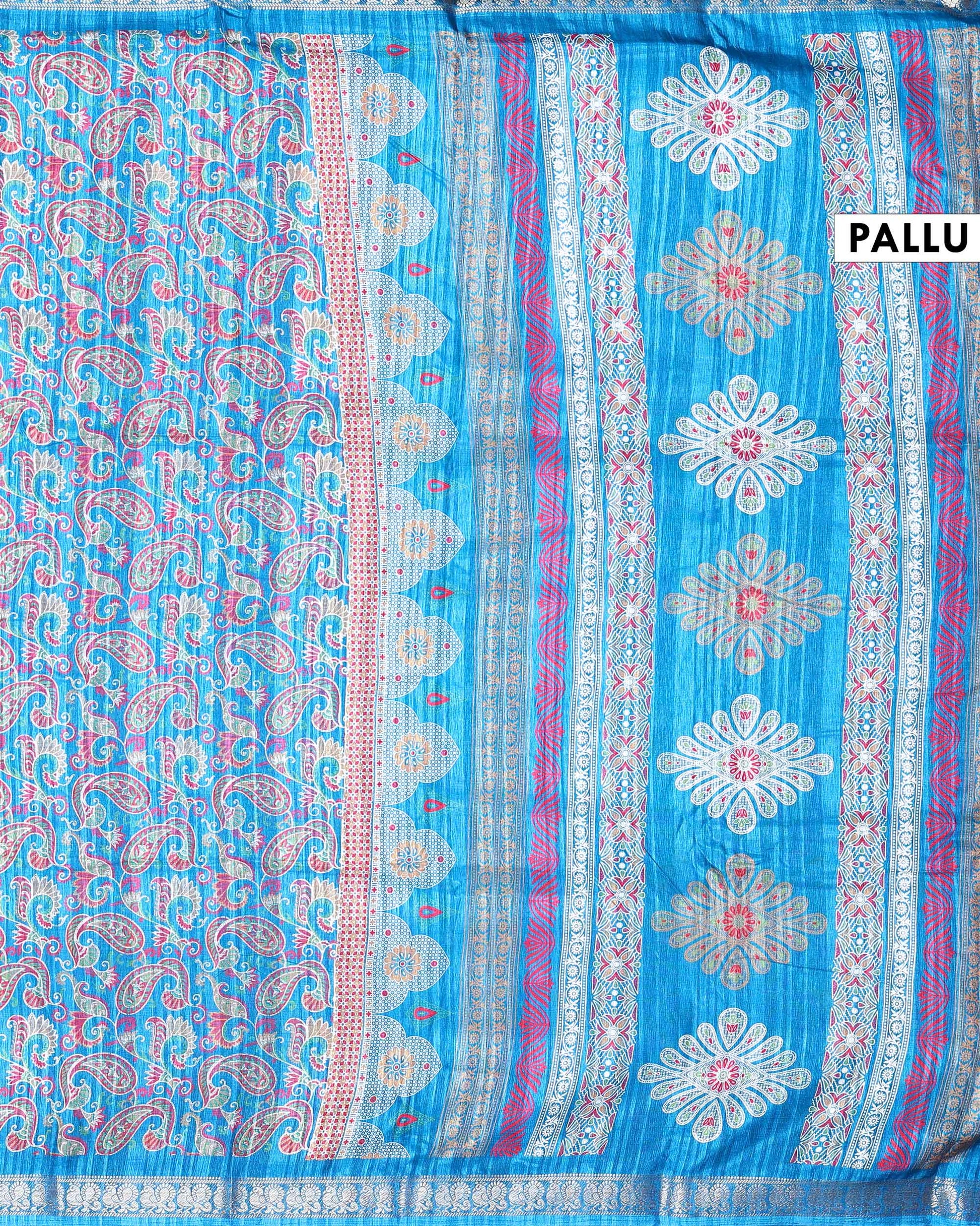 Elegant Dola Silk Saree with All-Over Traditional Paisley Buti Motifs and Intricate Zari Woven Floral Border - Blue-Pallu