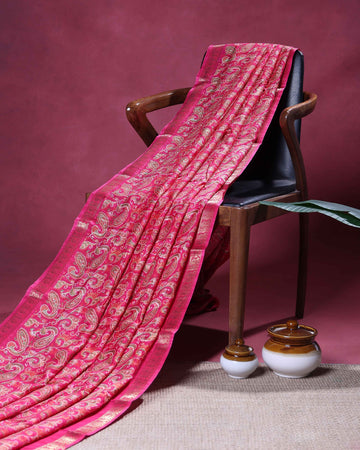 Elegant Dola Silk Saree with All-Over Traditional Paisley Buti Motifs and Intricate Zari Woven Floral Border - Pink