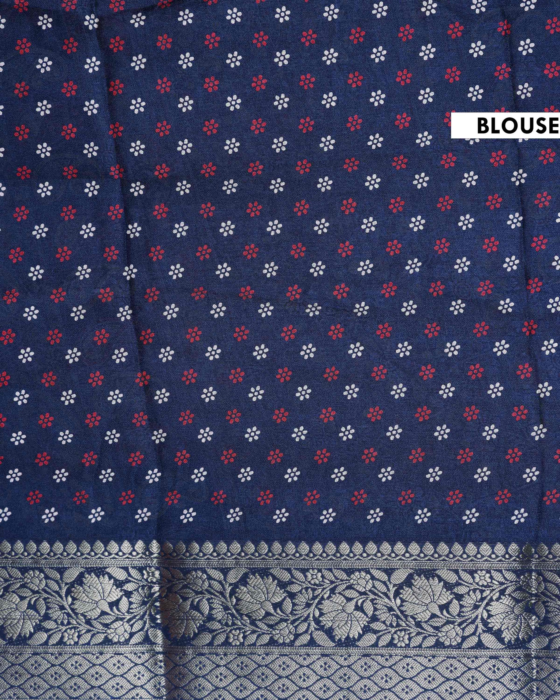 Elegant Dola Silk Saree with All Over Floral Buti Design and Intricately Woven Traditional Border - Navy Blue-Blouse