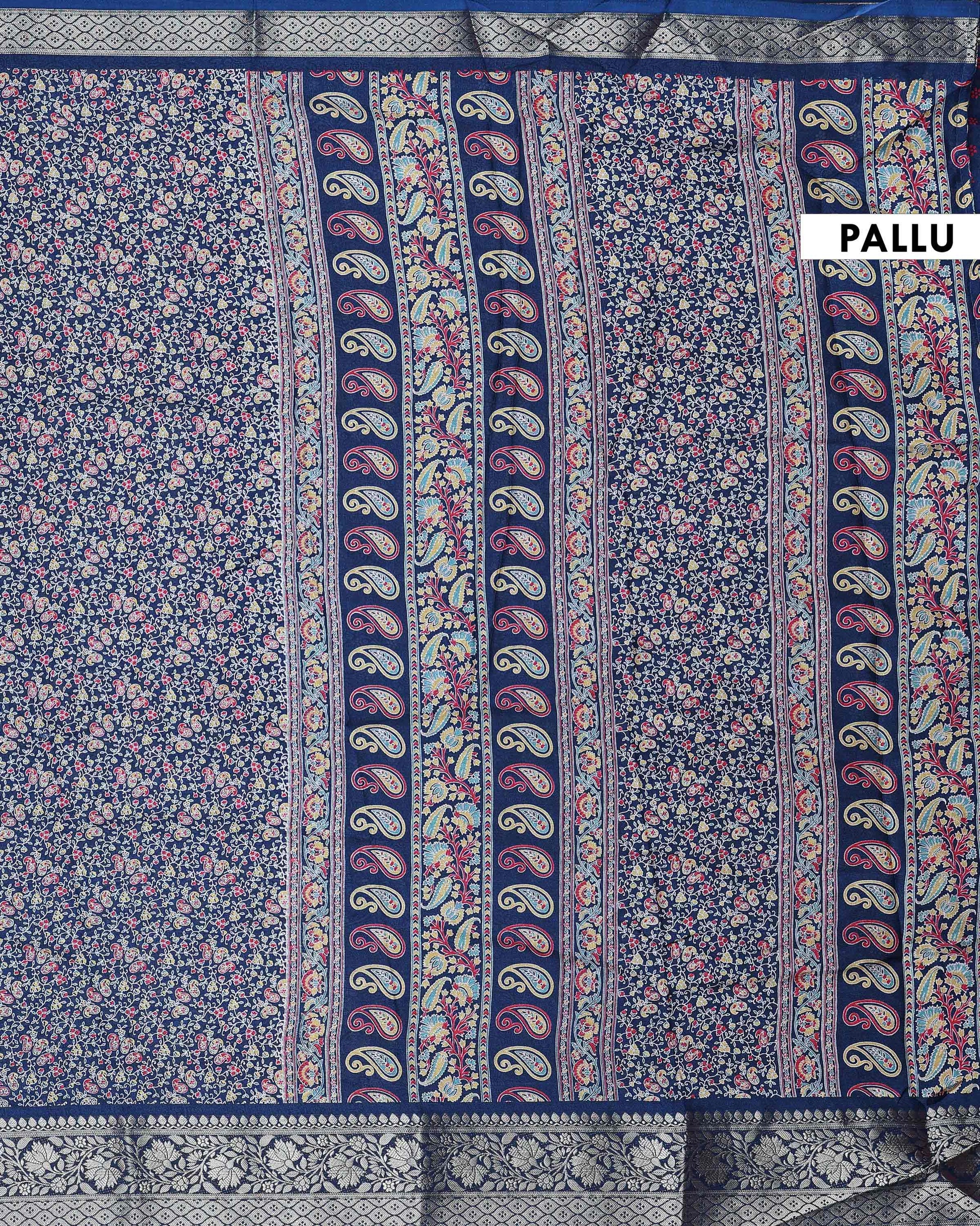 Elegant Dola Silk Saree with All Over Floral Buti Design and Intricately Woven Traditional Border - Navy Blue-Pallu