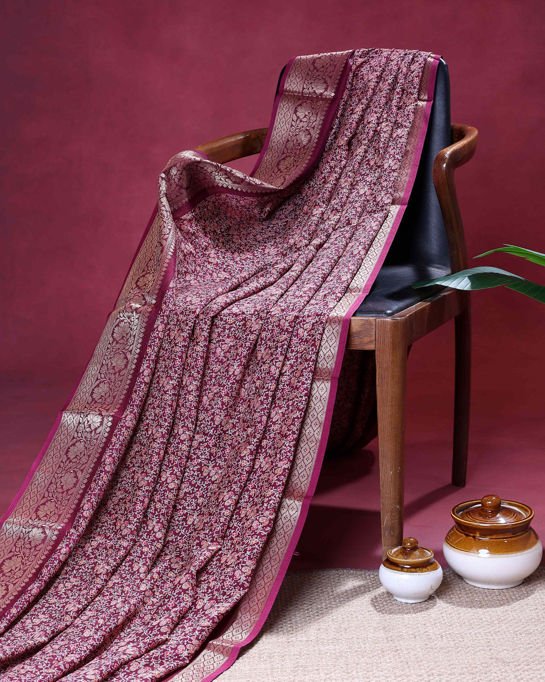Elegant Dola Silk Saree with All Over Floral Print and Rich Woven Zari Border - Burgundy