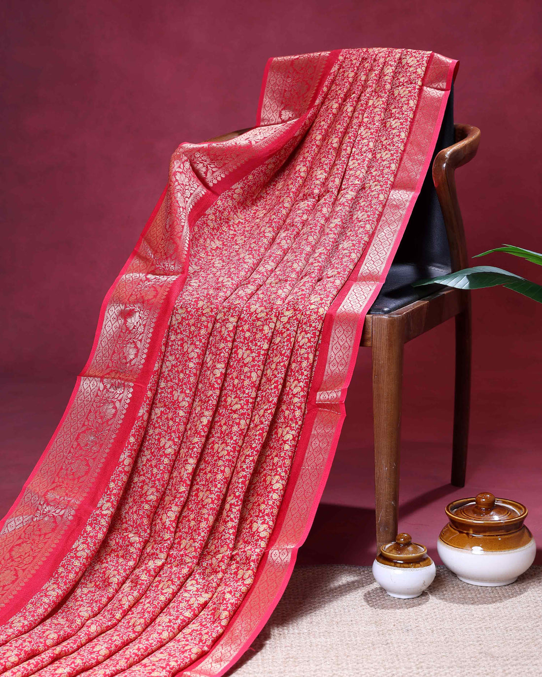 Elegant Dola Silk Saree with All Over Floral Print and Rich Woven Zari Border - Red
