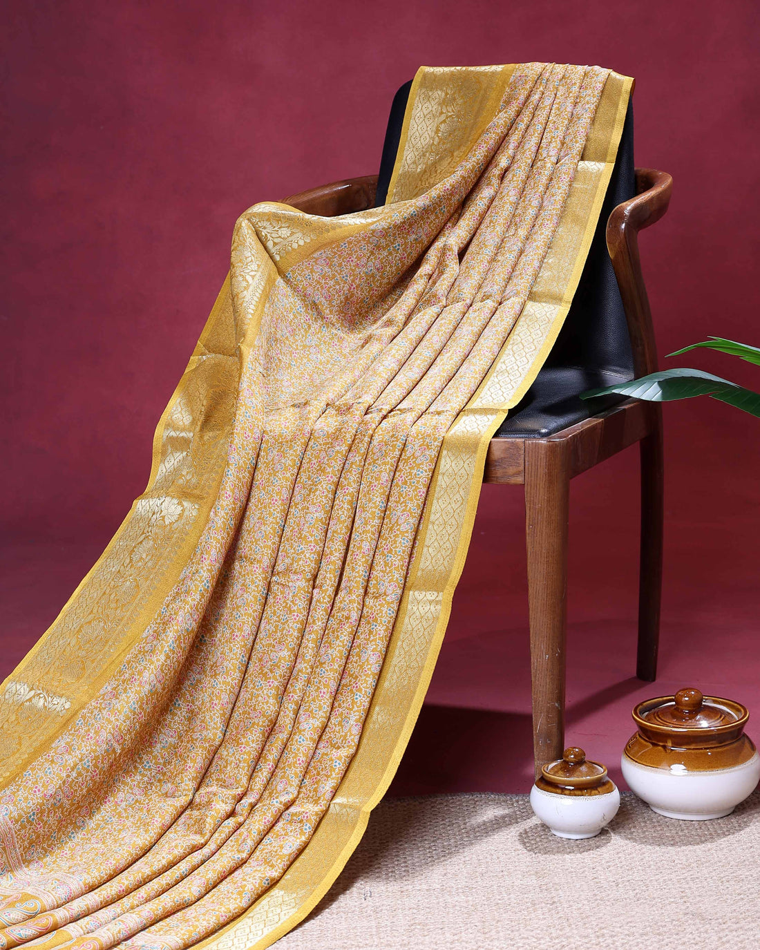 Elegant Dola Silk Saree with All Over Floral Print and Rich Woven Zari Border - Yellow