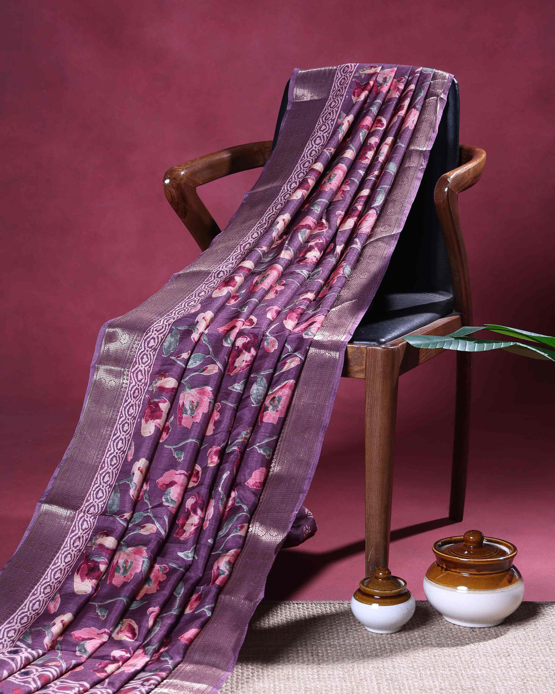 Elegant Dola Silk Saree with All Over Floral Print and Traditional Woven Zari Border - Purple
