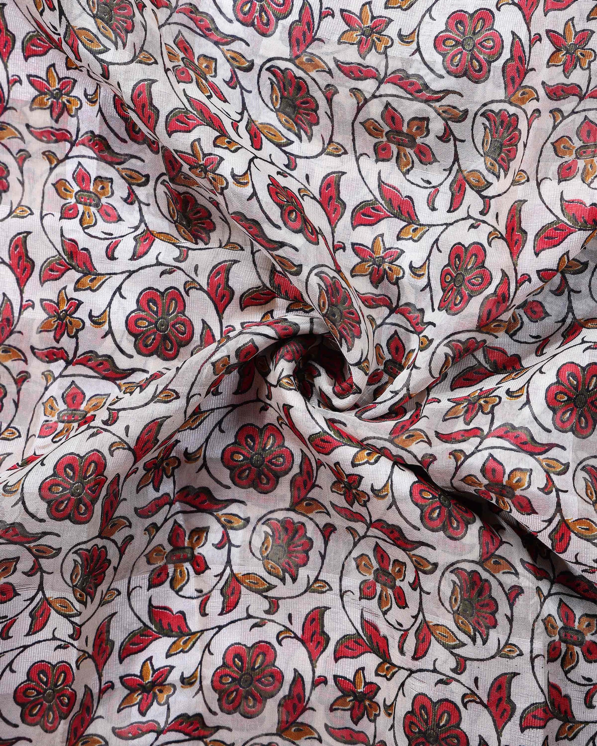 Elegant Dola Silk Saree with All Over Floral Vine Motifs and Subtle Traditional Woven Border - Off White-Close Up