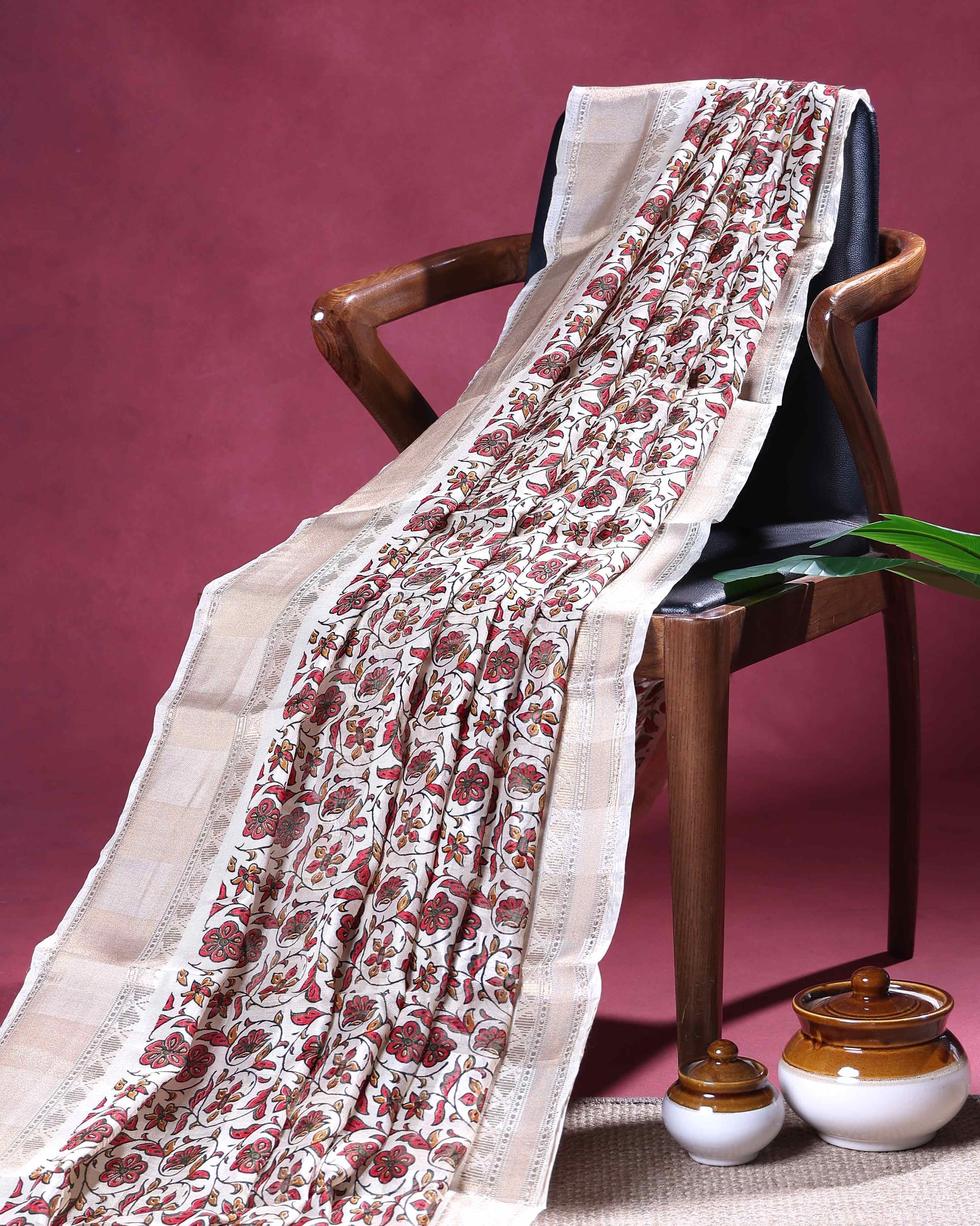 Elegant Dola Silk Saree with All Over Floral Vine Motifs and Subtle Traditional Woven Border - Off White