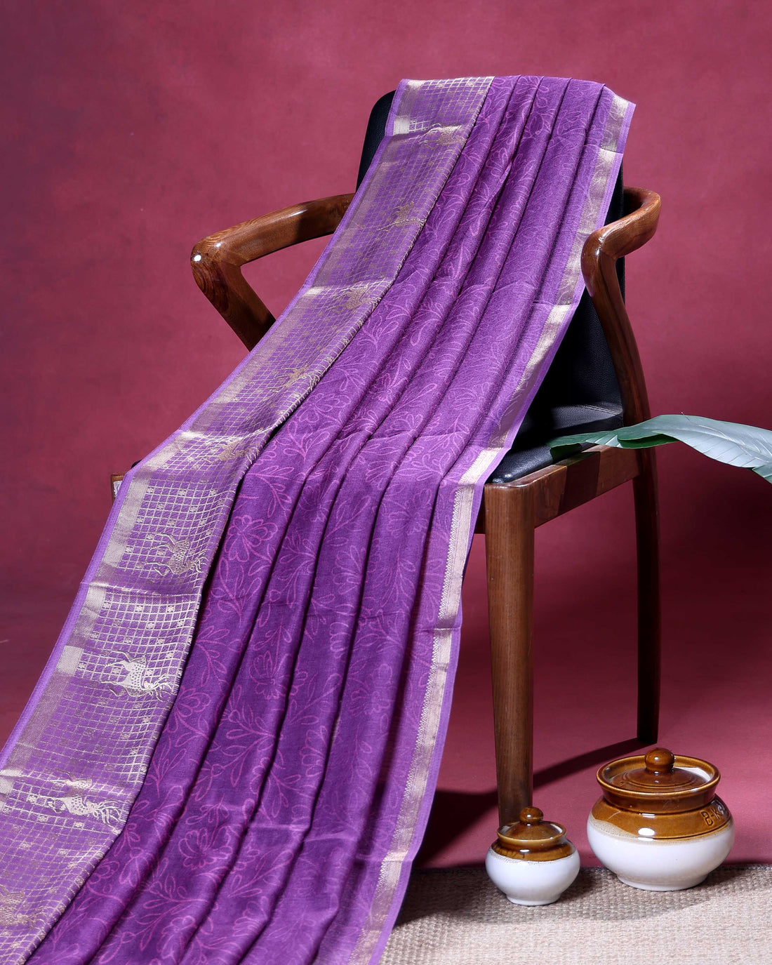 Elegant Dola Silk Saree with All Over Floral Vine Motifs and Traditional Deer Motif Woven Border - Purple