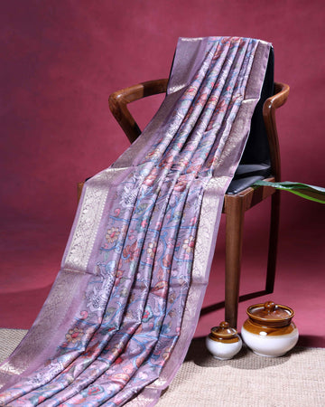 Elegant Dola Silk Saree with All Over Floral Vine Print and Traditional Deer Motif Woven Border - Light Purple