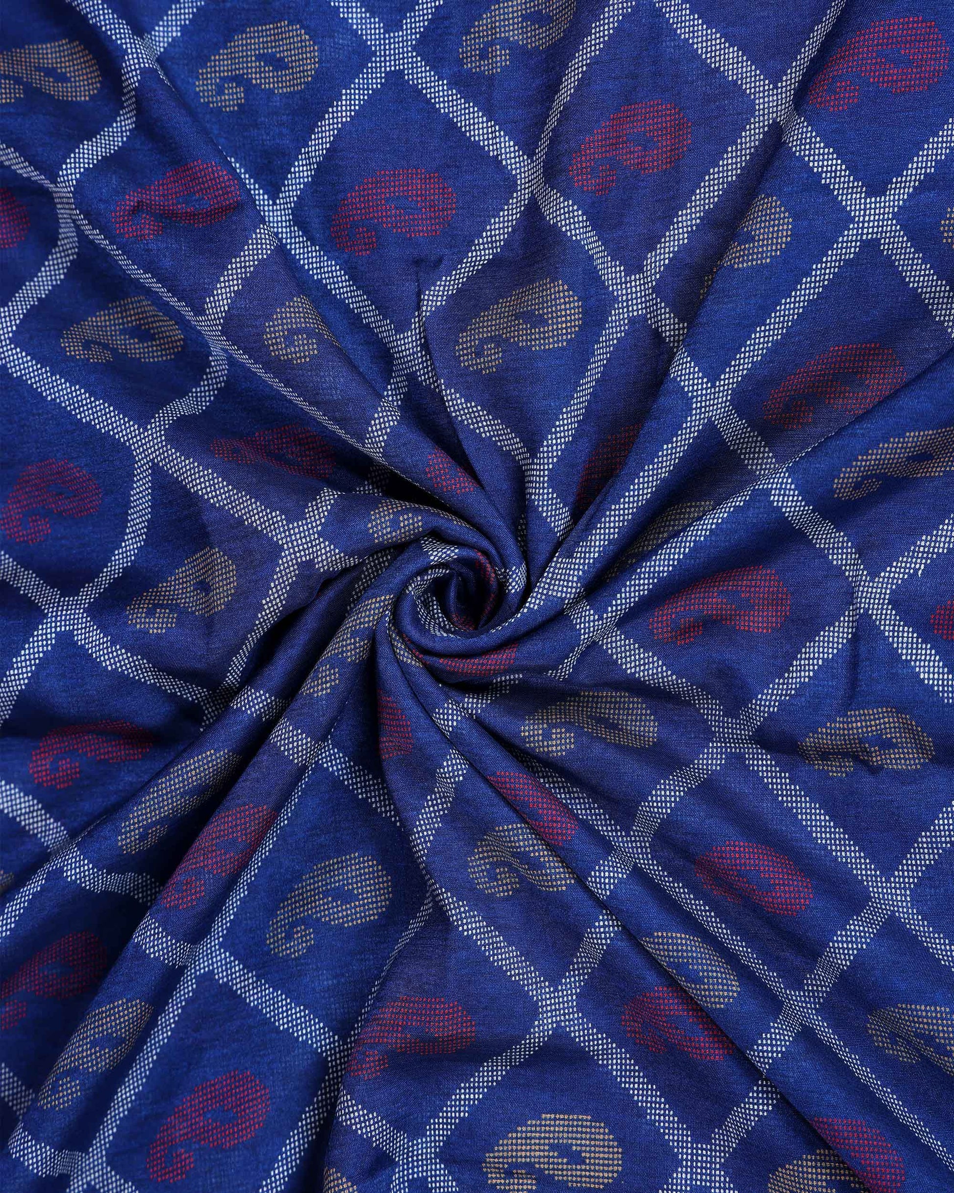 Elegant Dola Silk Saree with All Over Paisley Motifs in Geometric Diamond Pattern and Traditional Zari Woven Border - Blue-Close Up