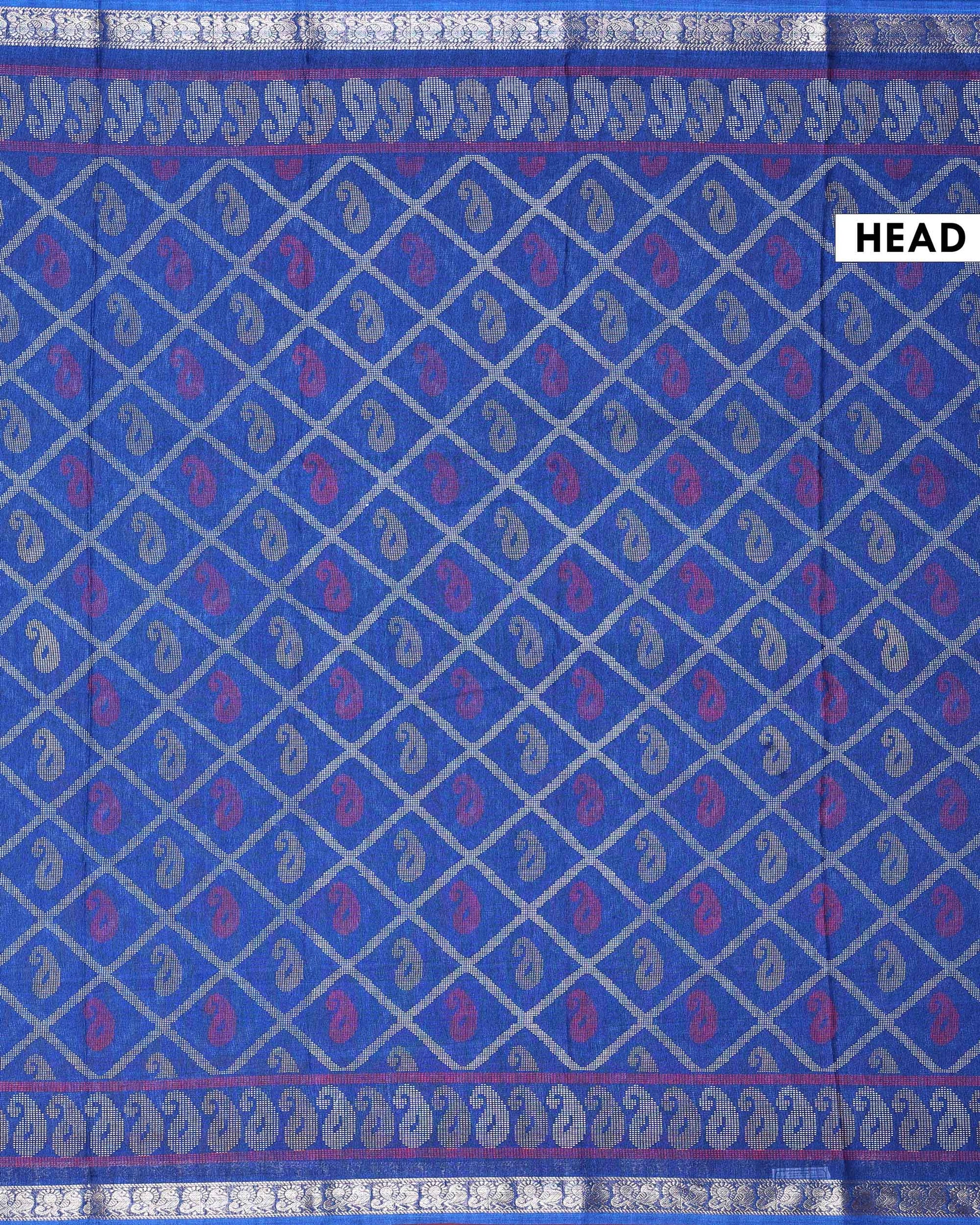 Elegant Dola Silk Saree with All Over Paisley Motifs in Geometric Diamond Pattern and Traditional Zari Woven Border - Blue-Head