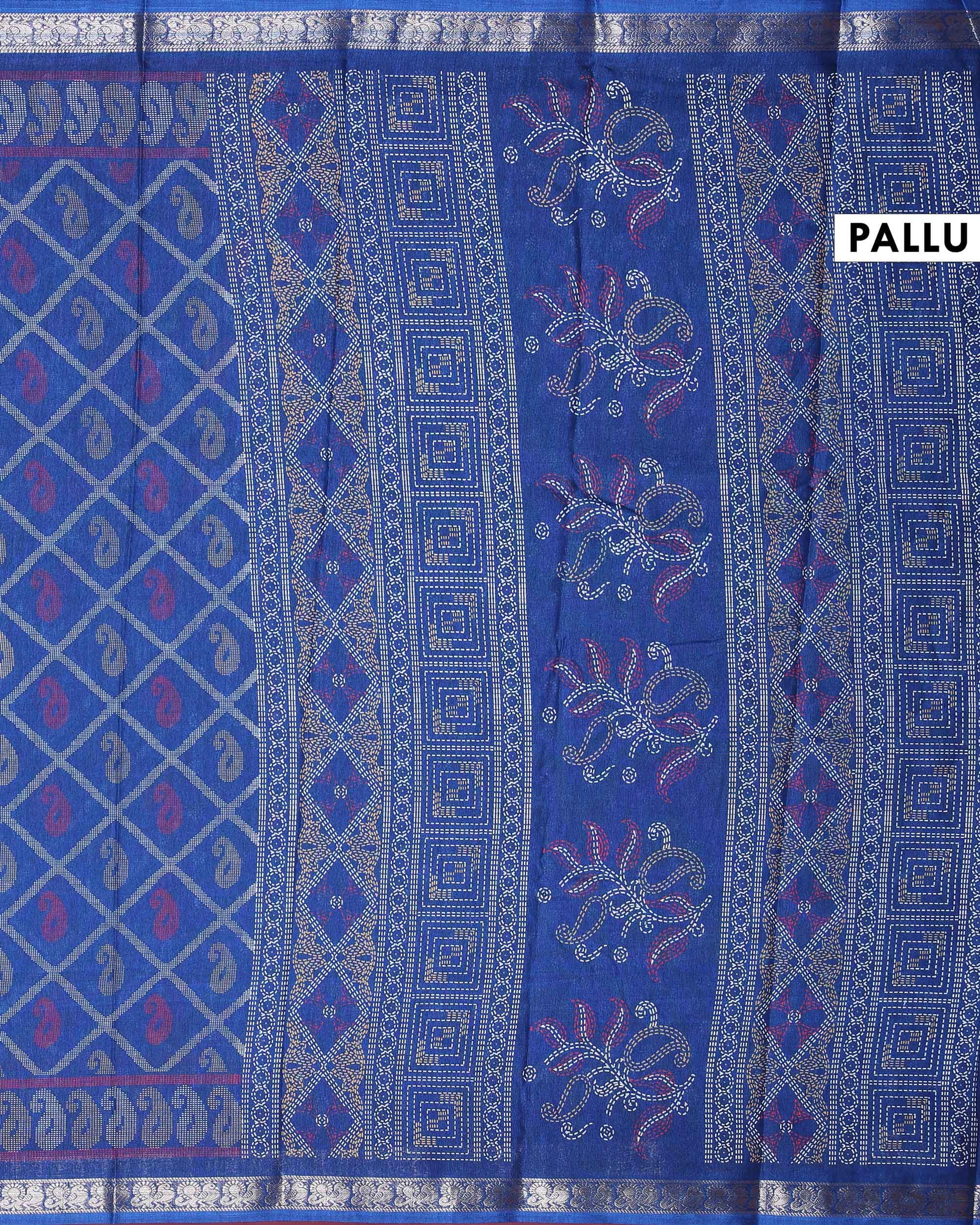 Elegant Dola Silk Saree with All Over Paisley Motifs in Geometric Diamond Pattern and Traditional Zari Woven Border - Blue-Pallu