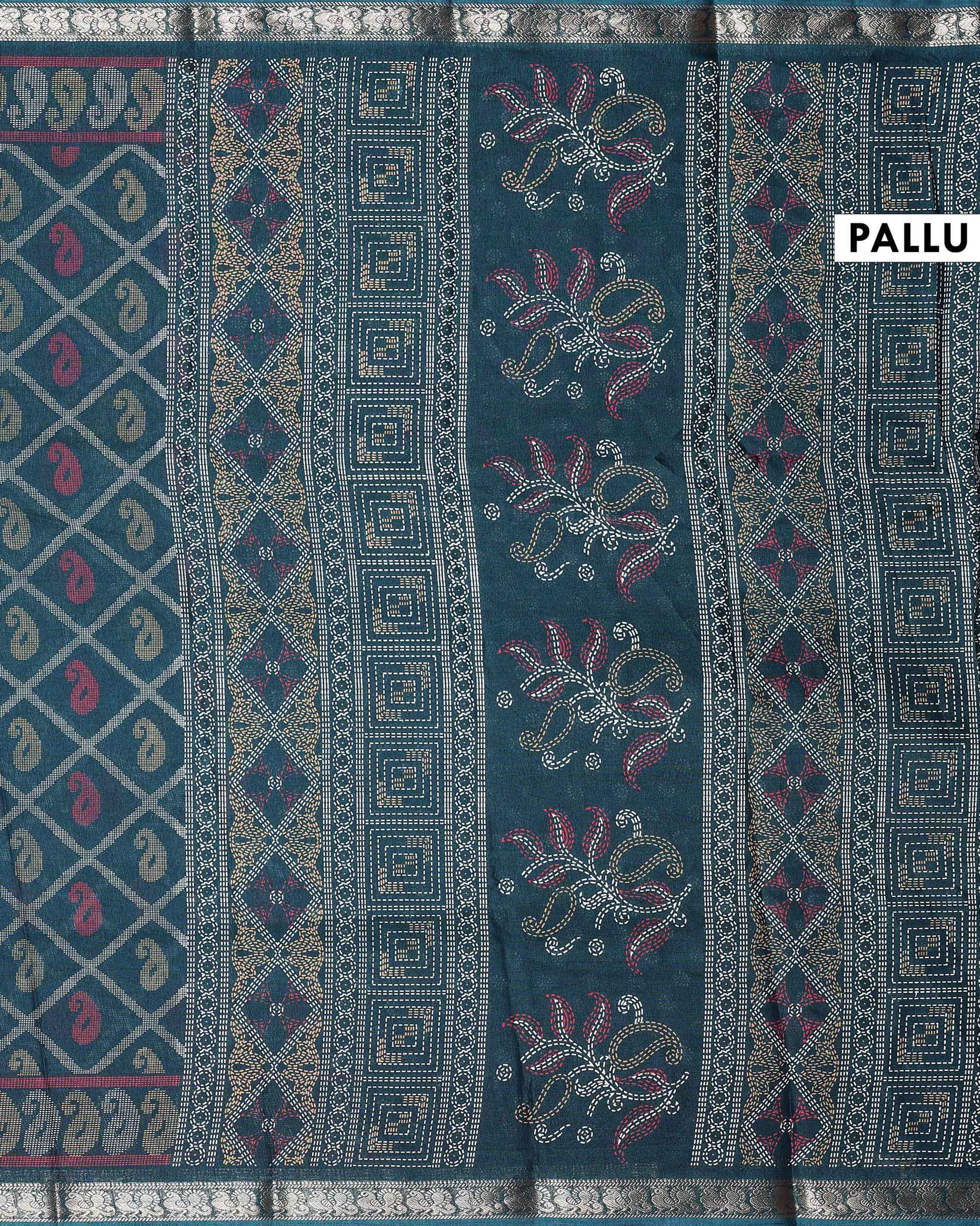 Elegant Dola Silk Saree with All Over Paisley Motifs in Geometric Diamond Pattern and Traditional Zari Woven Border - Dark Green-Pallu