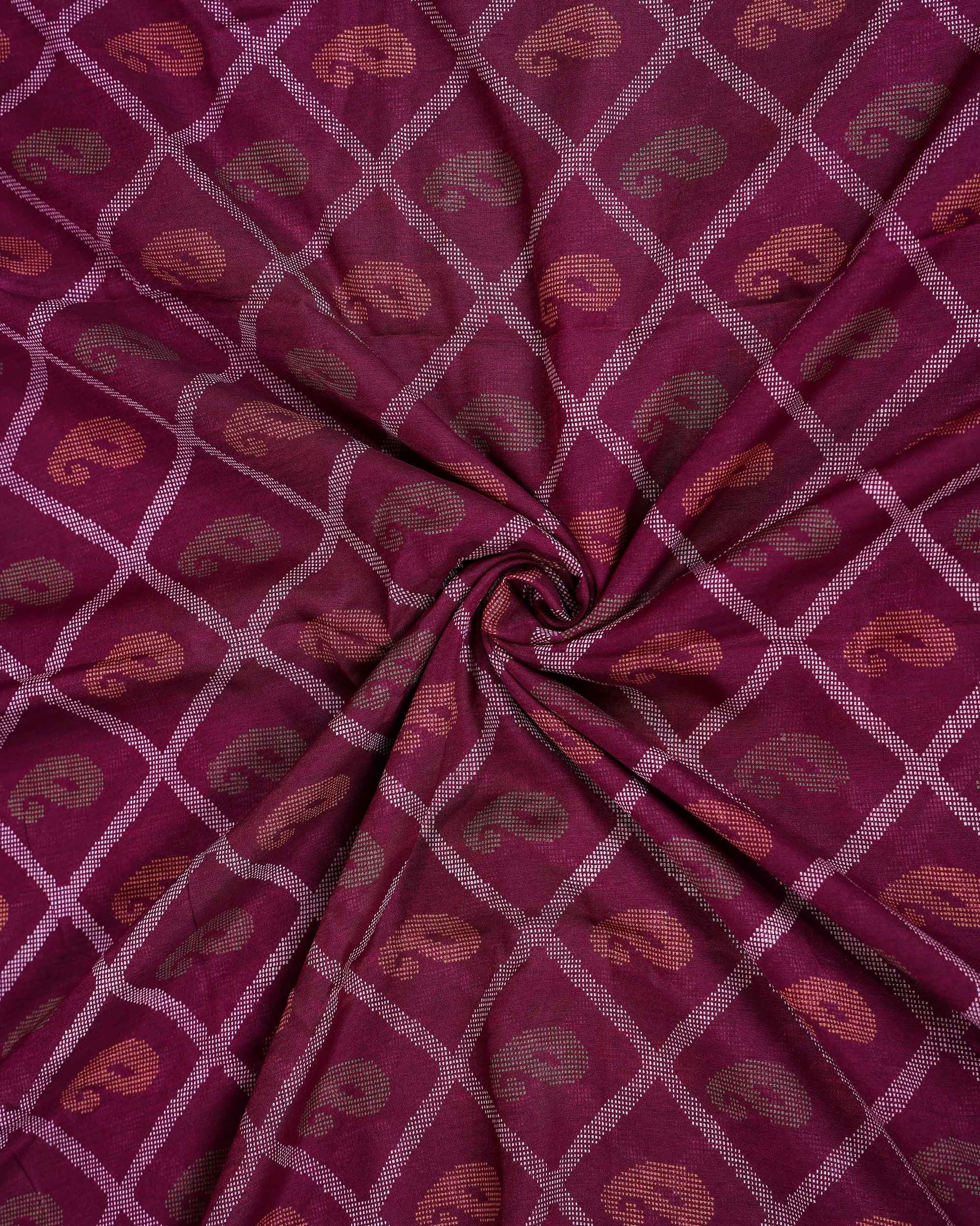 Elegant Dola Silk Saree with All Over Paisley Motifs in Geometric Diamond Pattern and Traditional Zari Woven Border - Purple-Close Up