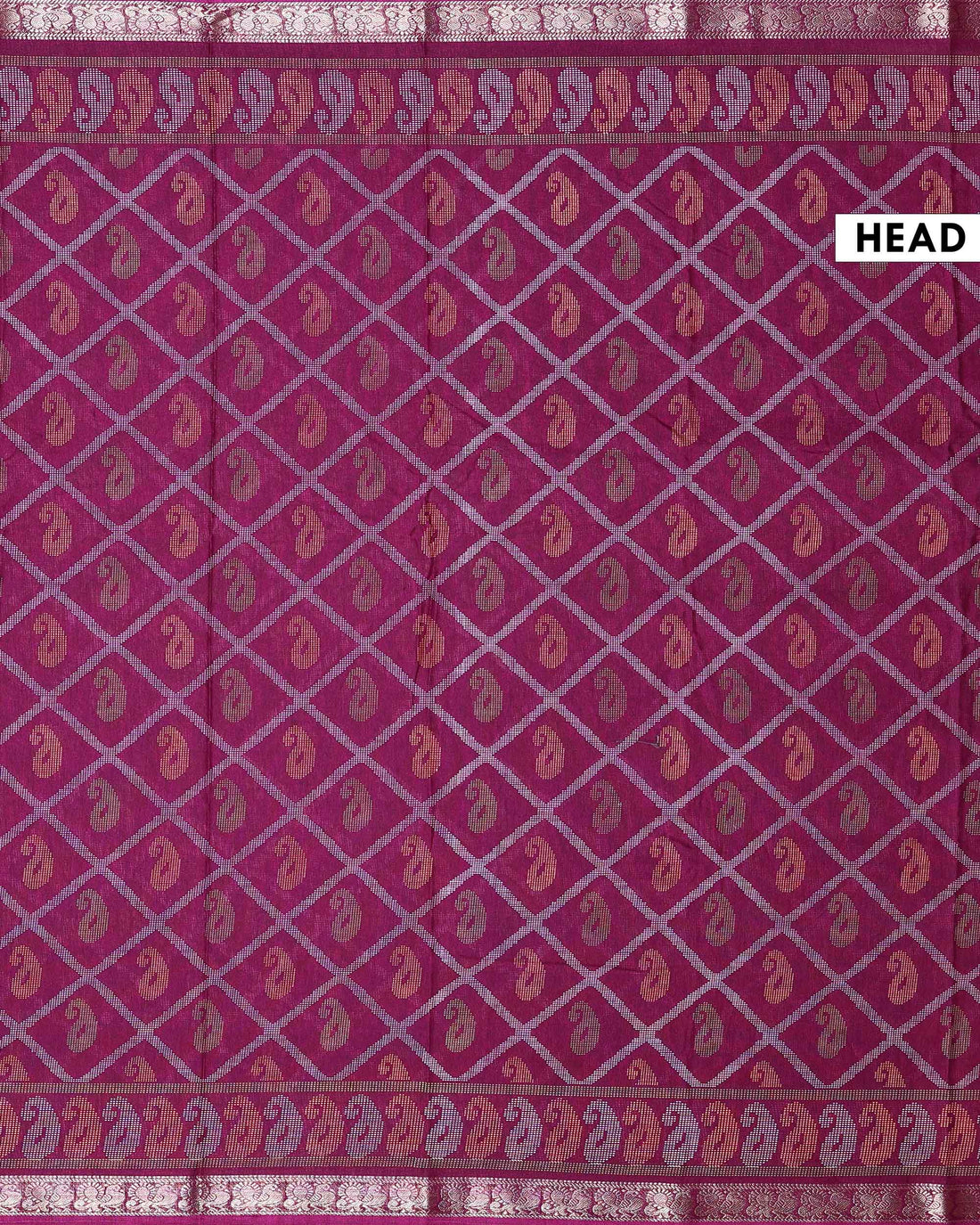 Elegant Dola Silk Saree with All Over Paisley Motifs in Geometric Diamond Pattern and Traditional Zari Woven Border - Purple