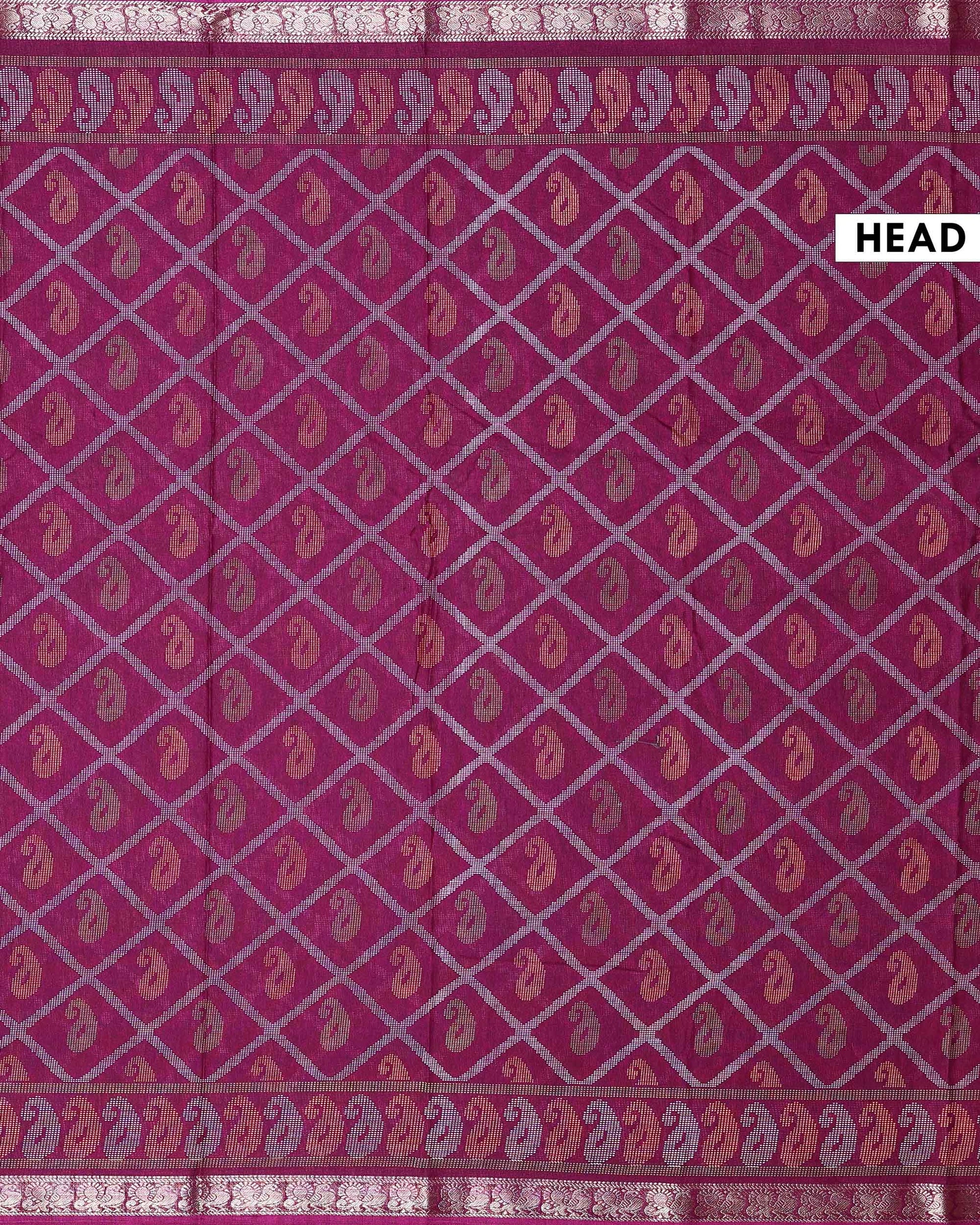Elegant Dola Silk Saree with All Over Paisley Motifs in Geometric Diamond Pattern and Traditional Zari Woven Border - Purple-Head