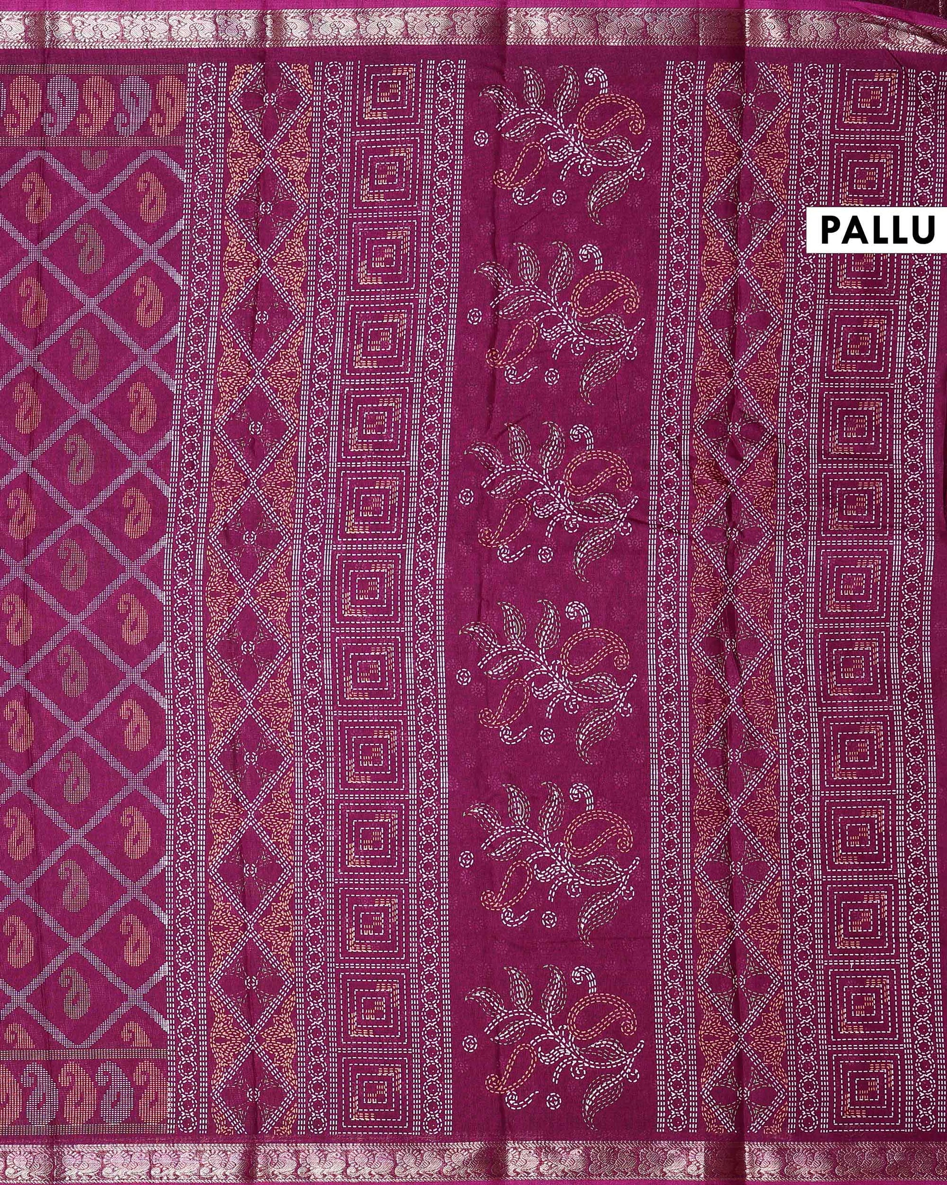 Elegant Dola Silk Saree with All Over Paisley Motifs in Geometric Diamond Pattern and Traditional Zari Woven Border - Purple-Pallu