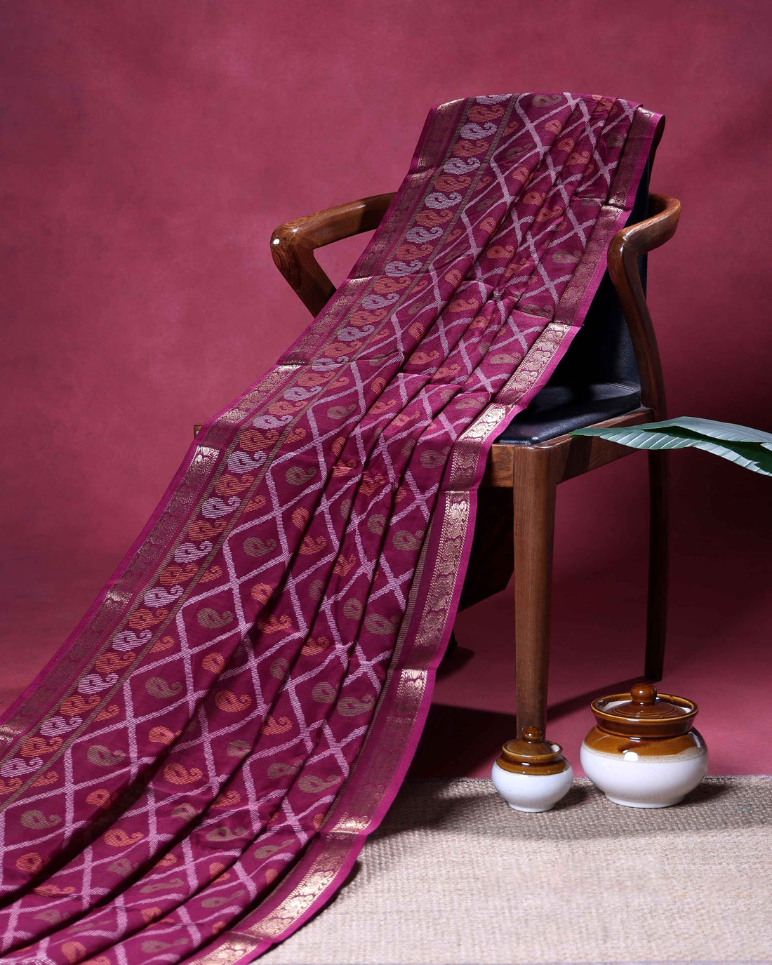 Elegant Dola Silk Saree with All Over Paisley Motifs in Geometric Diamond Pattern and Traditional Zari Woven Border - Purple