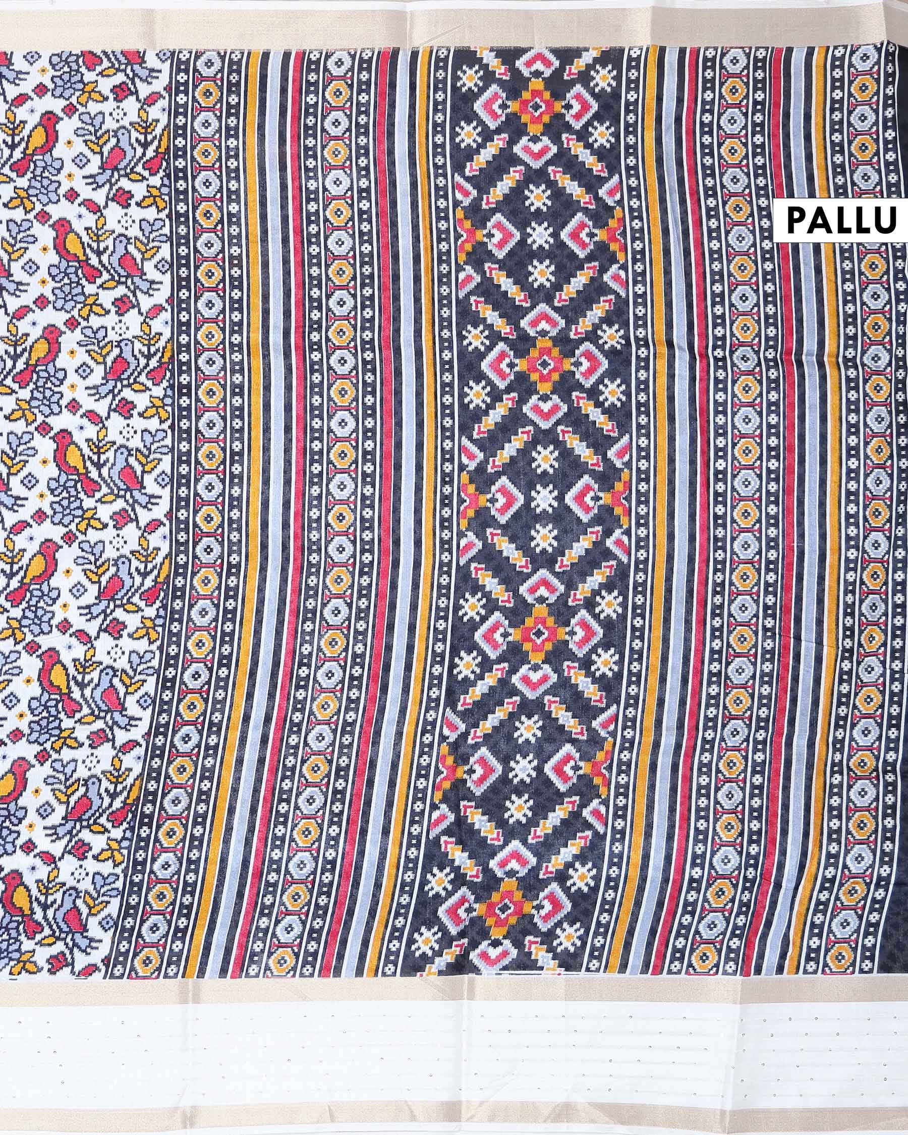 Elegant Dola Silk Saree with All Over Traditional Bird and Floral Vine Motifs and Woven Classic Border - Off White-Pallu