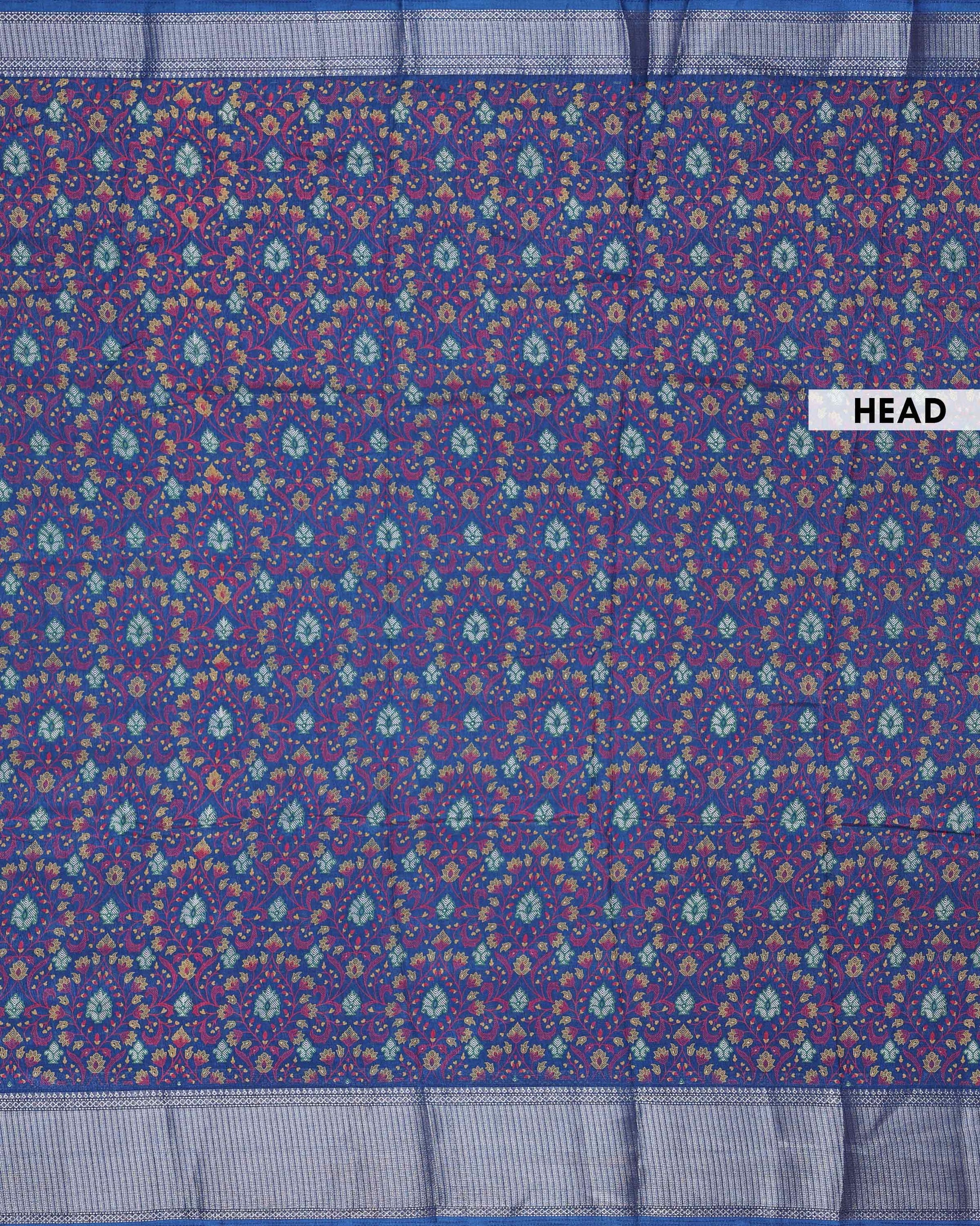Elegant Dola Silk Saree with All Over Traditional Floral Paisley Vine Motifs and Rich Intricately Woven Zari Border - Blue-Head