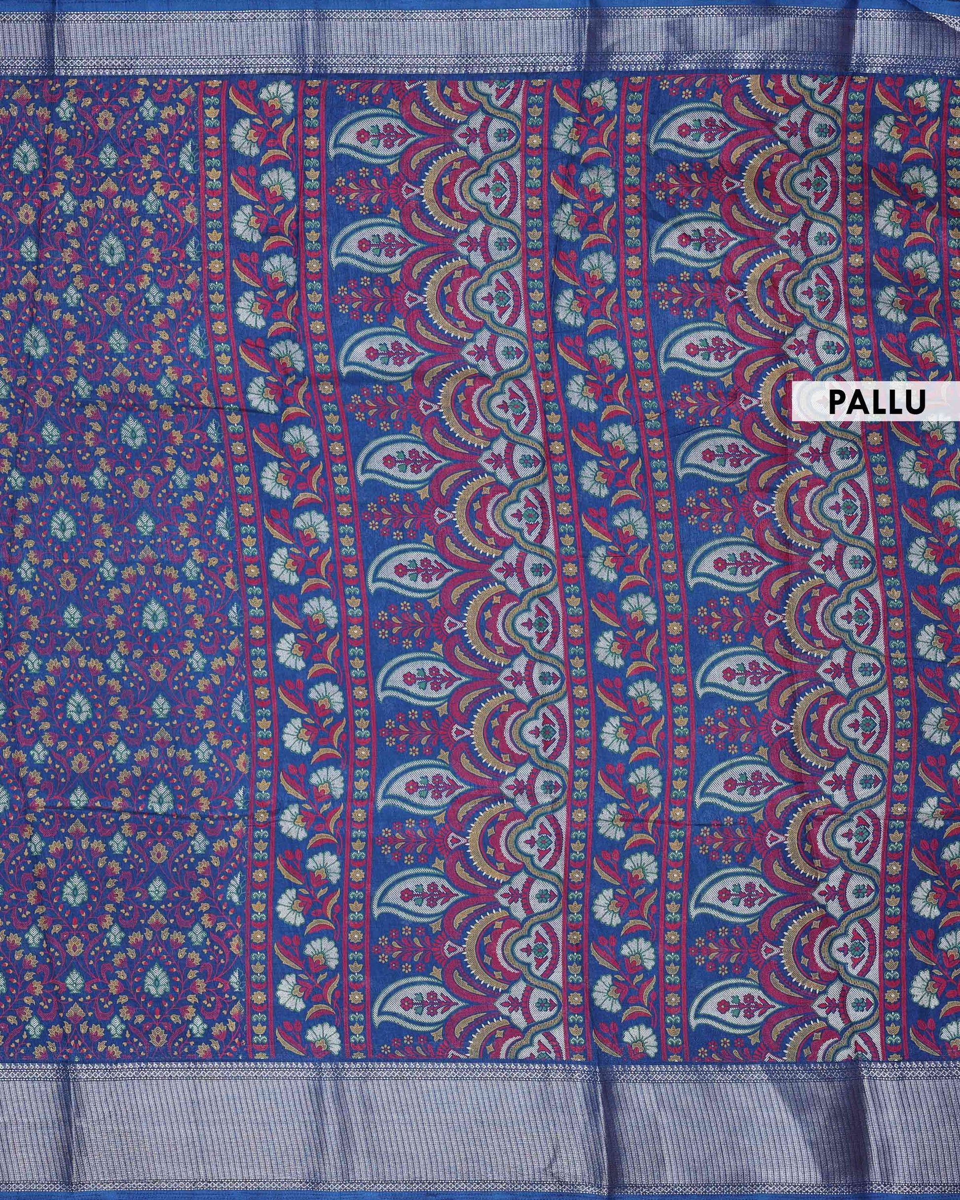 Elegant Dola Silk Saree with All Over Traditional Floral Paisley Vine Motifs and Rich Intricately Woven Zari Border - Blue-Pallu