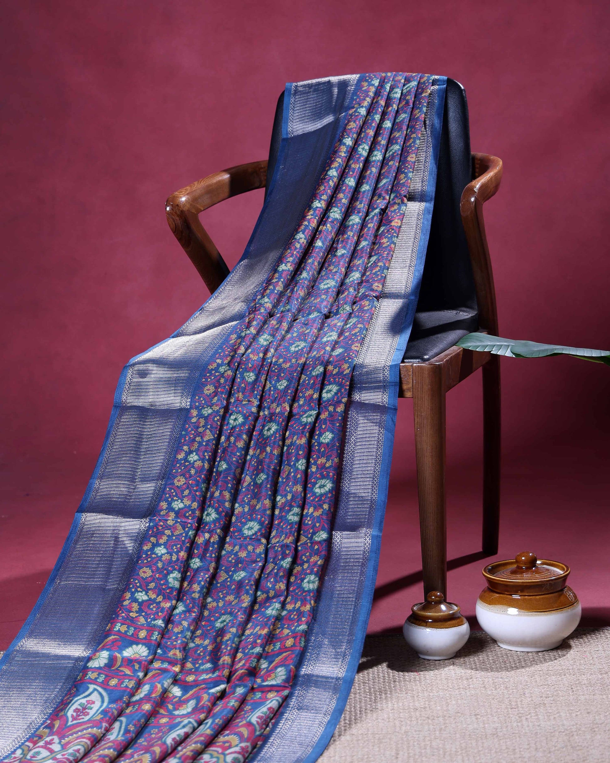 Elegant Dola Silk Saree with All Over Traditional Floral Paisley Vine Motifs and Rich Intricately Woven Zari Border - Blue