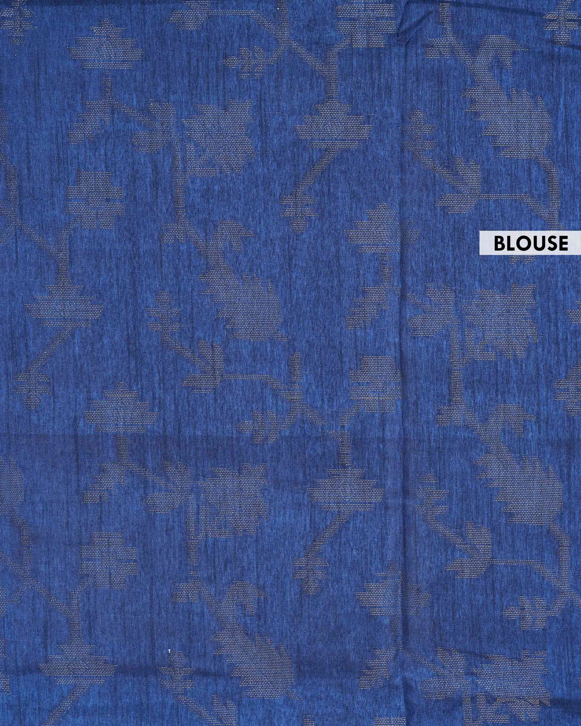 Elegant Dola Silk Saree with All Over Traditional Floral Vine Motifs & Woven Zari Border  - Navy Blue-Blouse