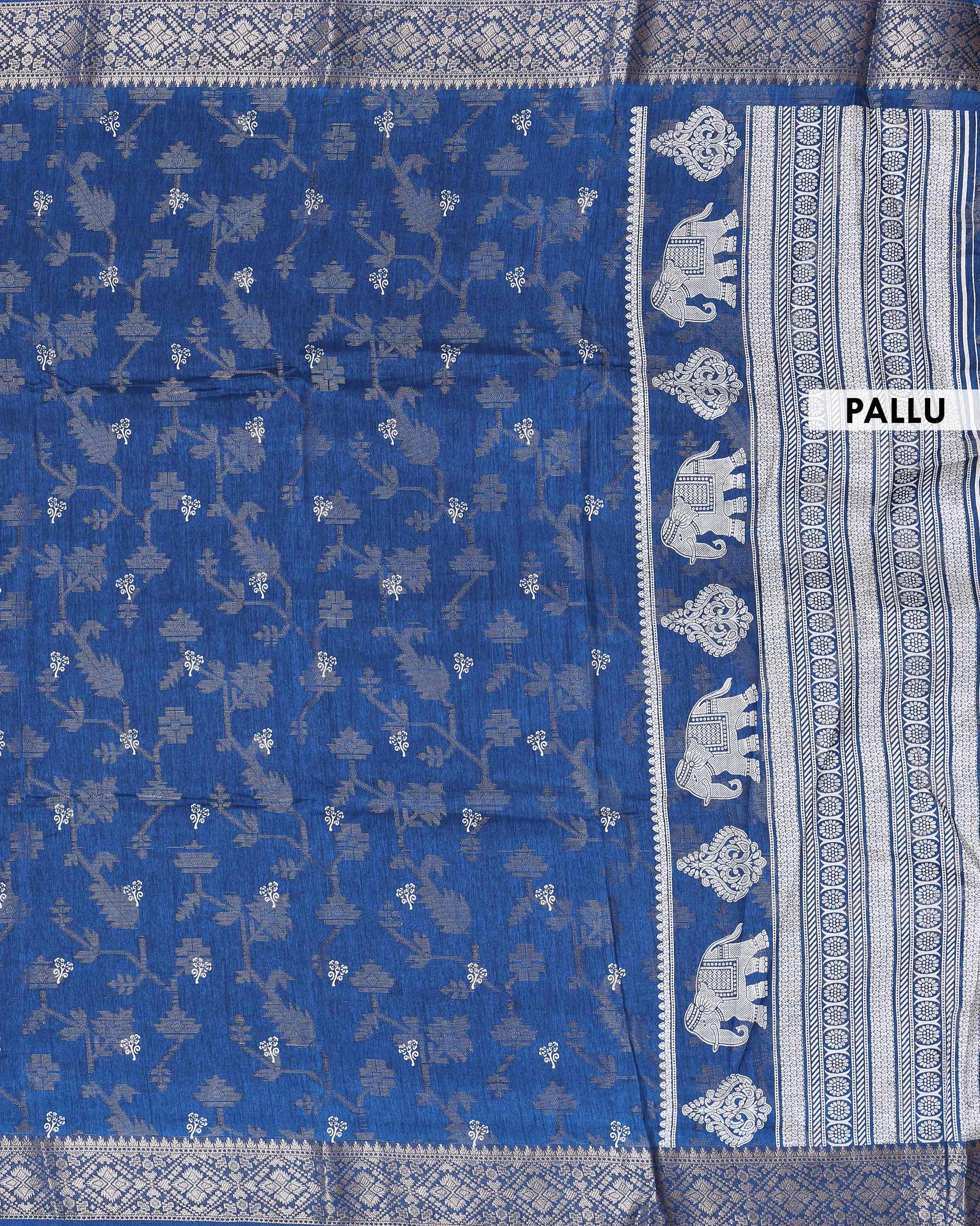 Elegant Dola Silk Saree with All Over Traditional Floral Vine Motifs & Woven Zari Border  - Navy Blue-Pallu