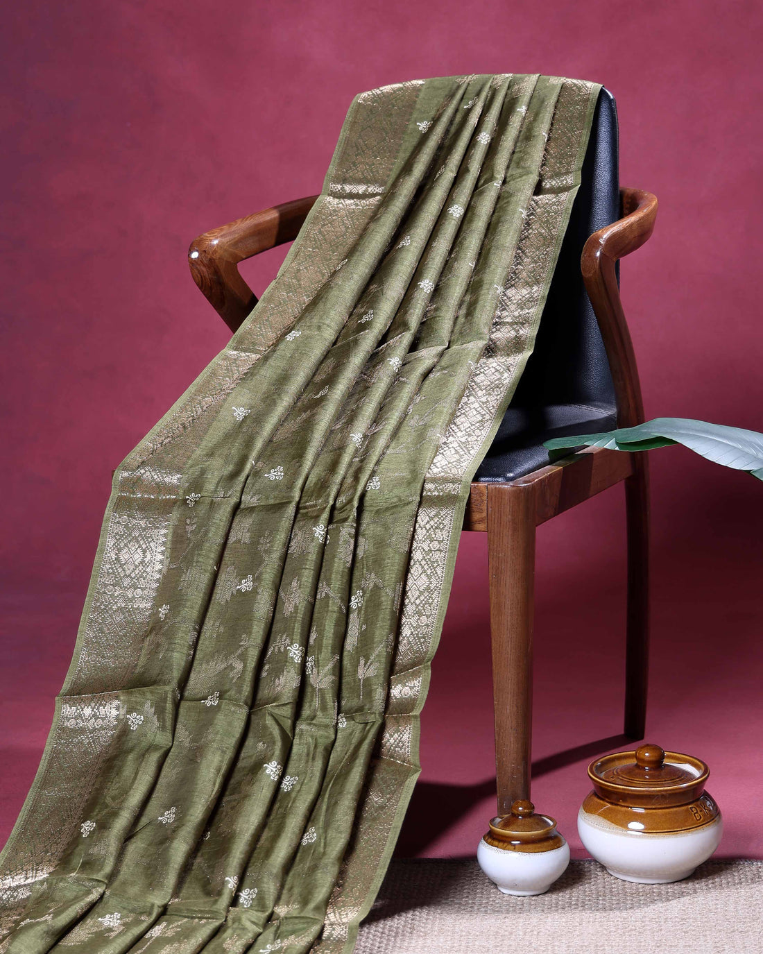 Elegant Dola Silk Saree with All Over Traditional Floral Vine Motifs & Woven Zari Border - Olive Green