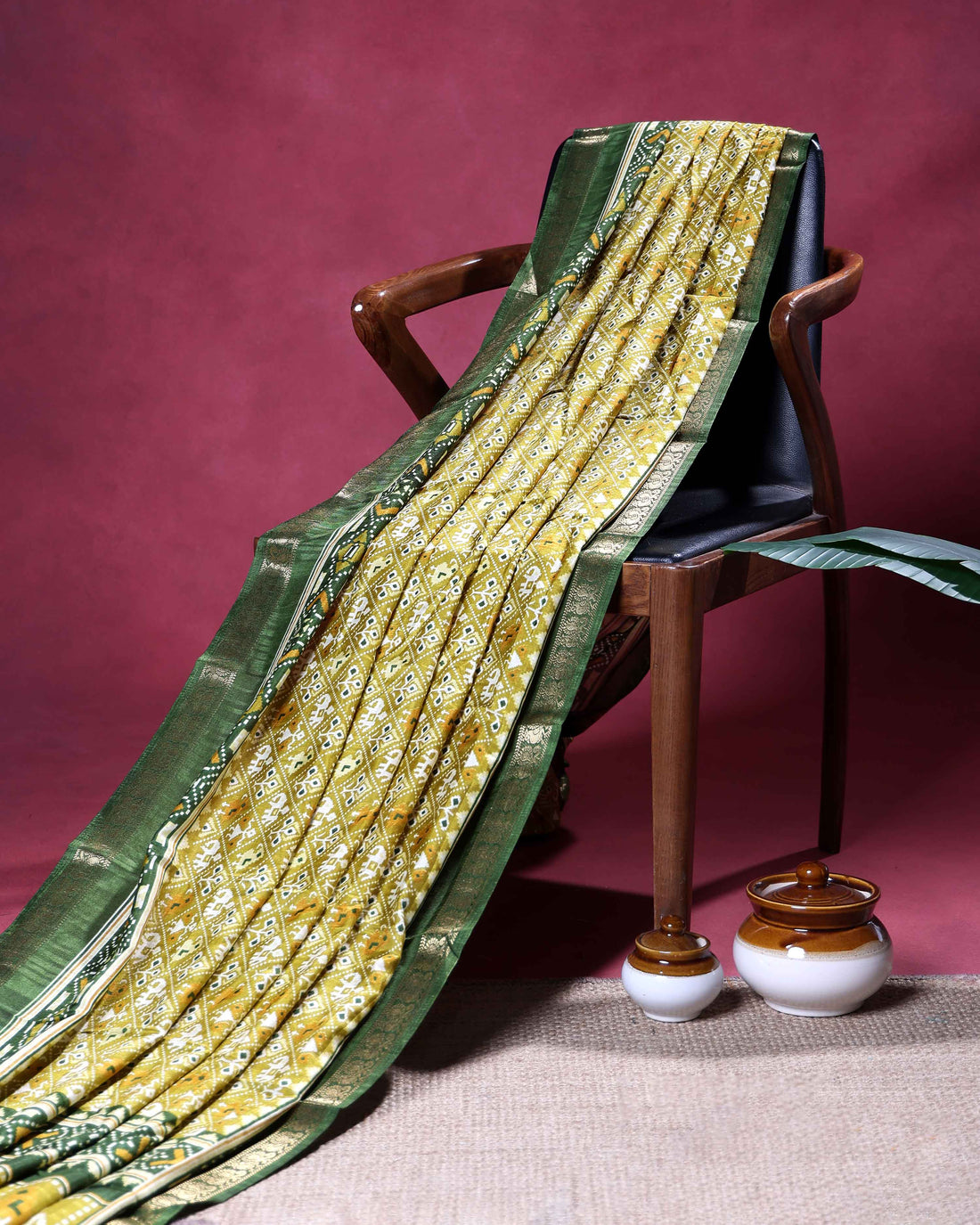 Elegant Dola Silk Saree with All Over Traditional Ikkat Inspired Geometric Motifs and  Zari Woven Border - Green