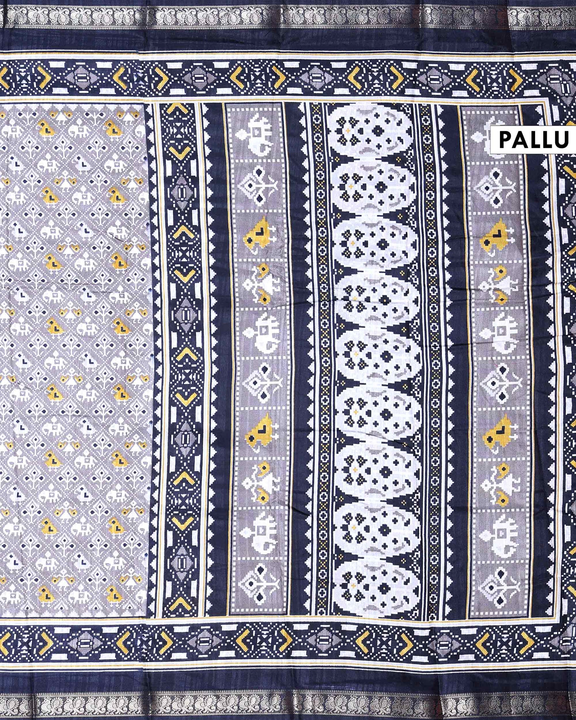 Elegant Dola Silk Saree with All Over Traditional Ikkat Inspired Geometric Motifs and  Zari Woven Border - Grey-Pallu