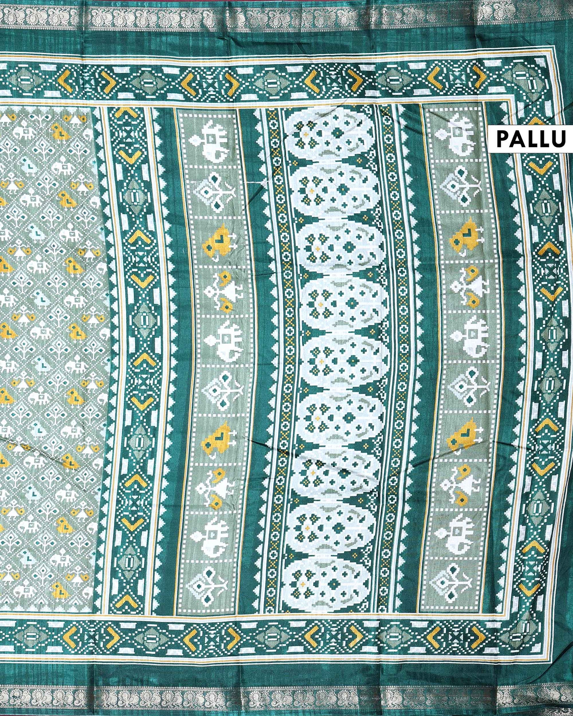 Elegant Dola Silk Saree with All Over Traditional Ikkat Inspired Geometric Motifs and  Zari Woven Border - Light Green-Pallu