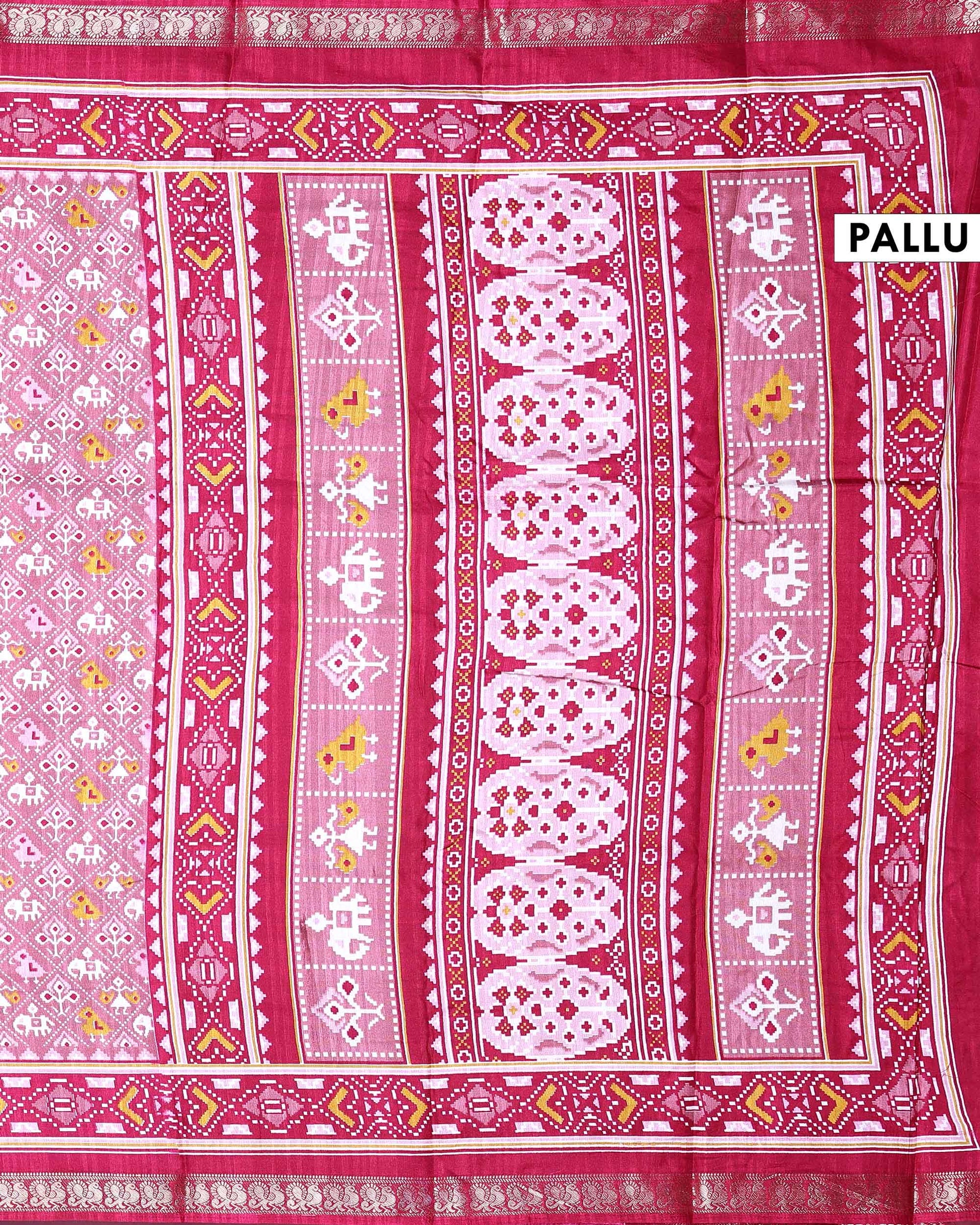 Elegant Dola Silk Saree with All Over Traditional Ikkat Inspired Geometric Motifs and  Zari Woven Border - Onion Pink-Pallu