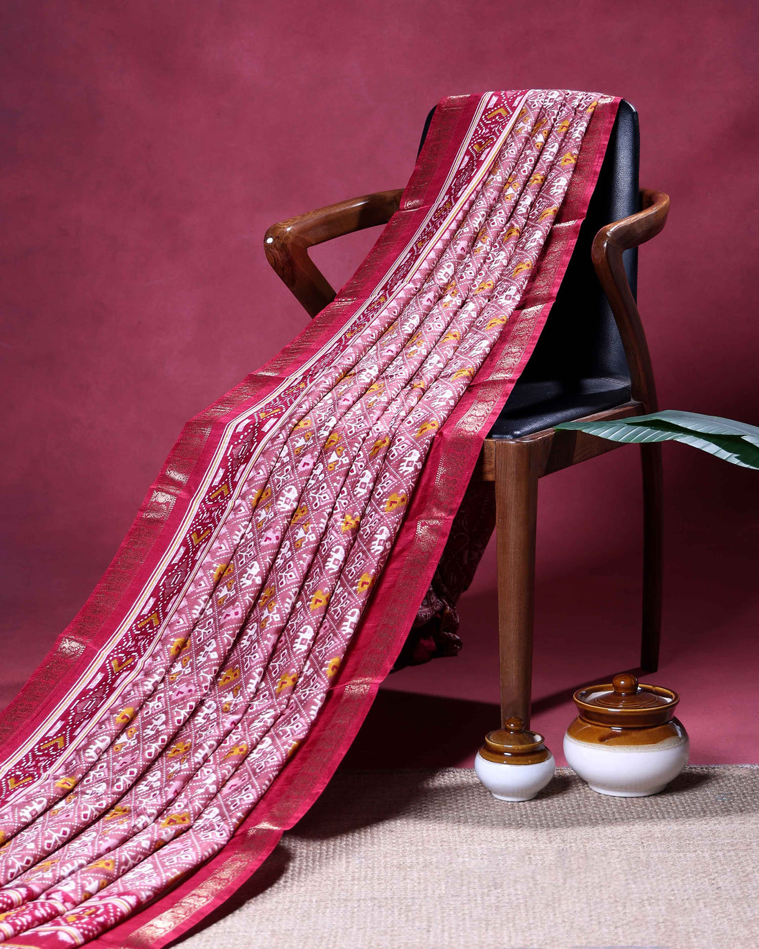 Elegant Dola Silk Saree with All Over Traditional Ikkat Inspired Geometric Motifs and  Zari Woven Border - Onion Pink
