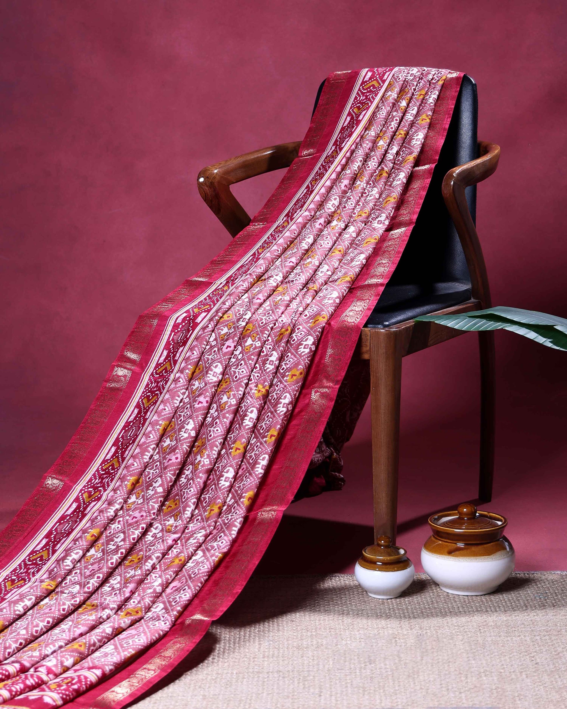 Elegant Dola Silk Saree with All Over Traditional Ikkat Inspired Geometric Motifs and  Zari Woven Border - Onion Pink