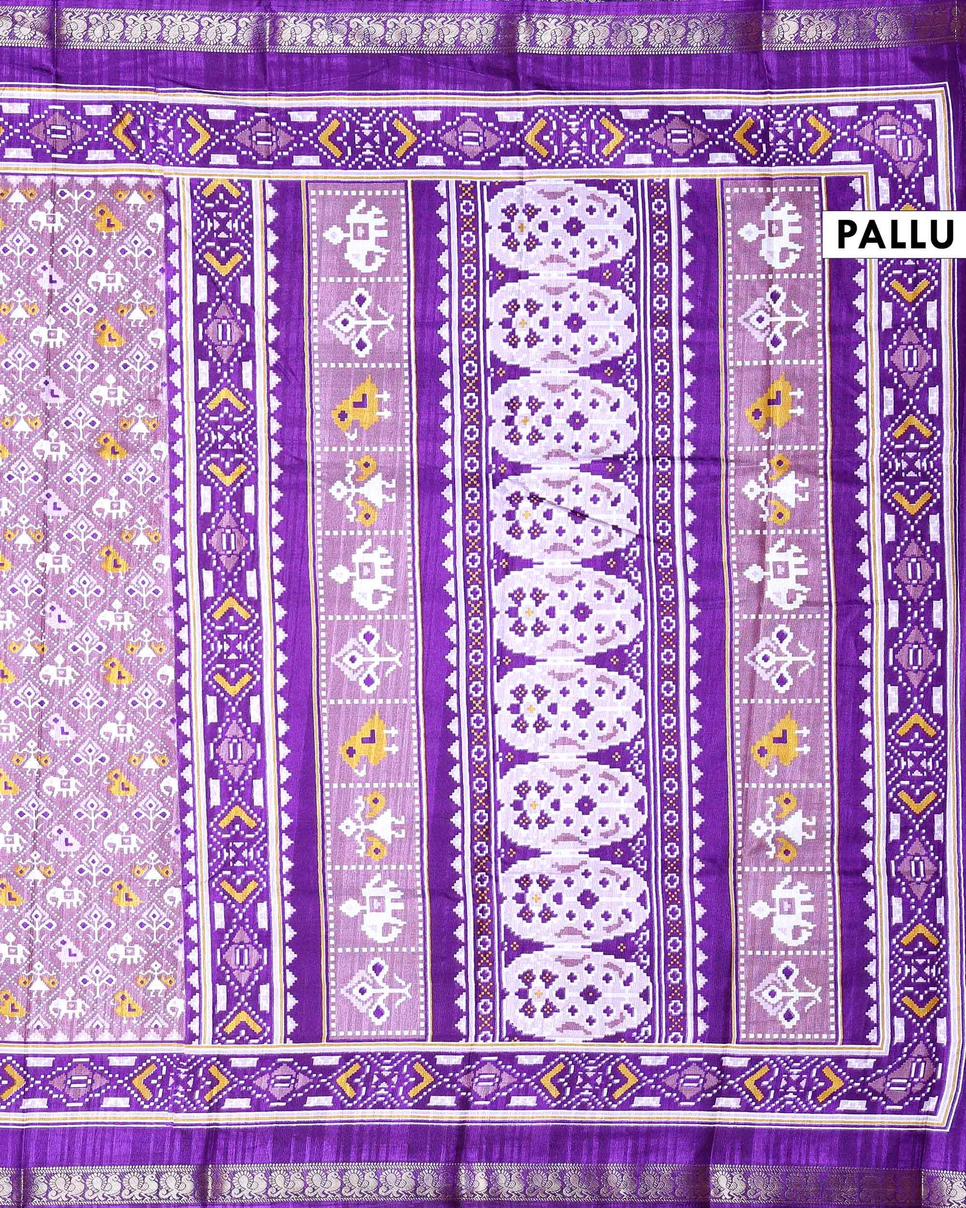 Elegant Dola Silk Saree with All Over Traditional Ikkat Inspired Geometric Motifs and  Zari Woven Border - Purple-Pallu