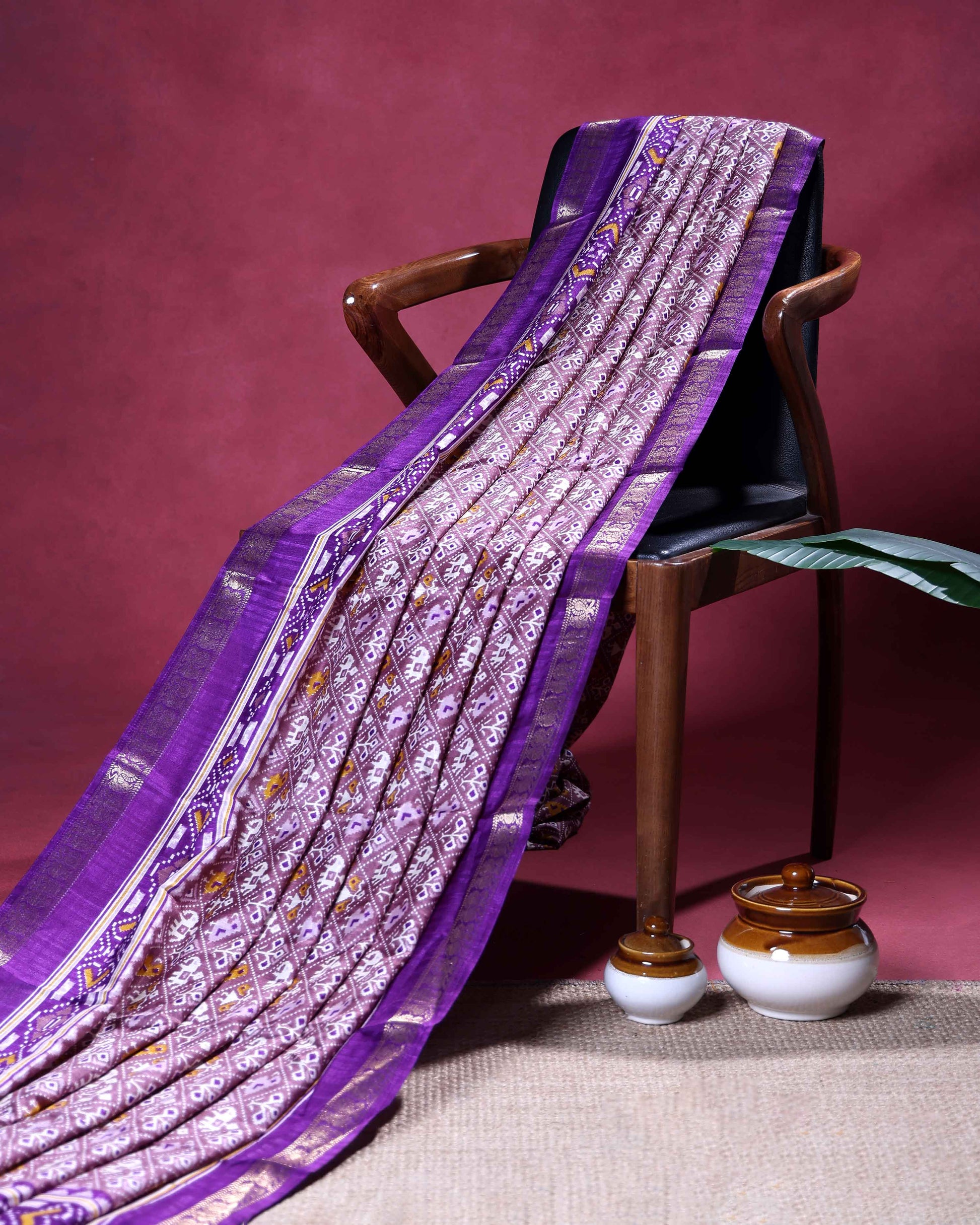 Elegant Dola Silk Saree with All Over Traditional Ikkat Inspired Geometric Motifs and  Zari Woven Border - Purple