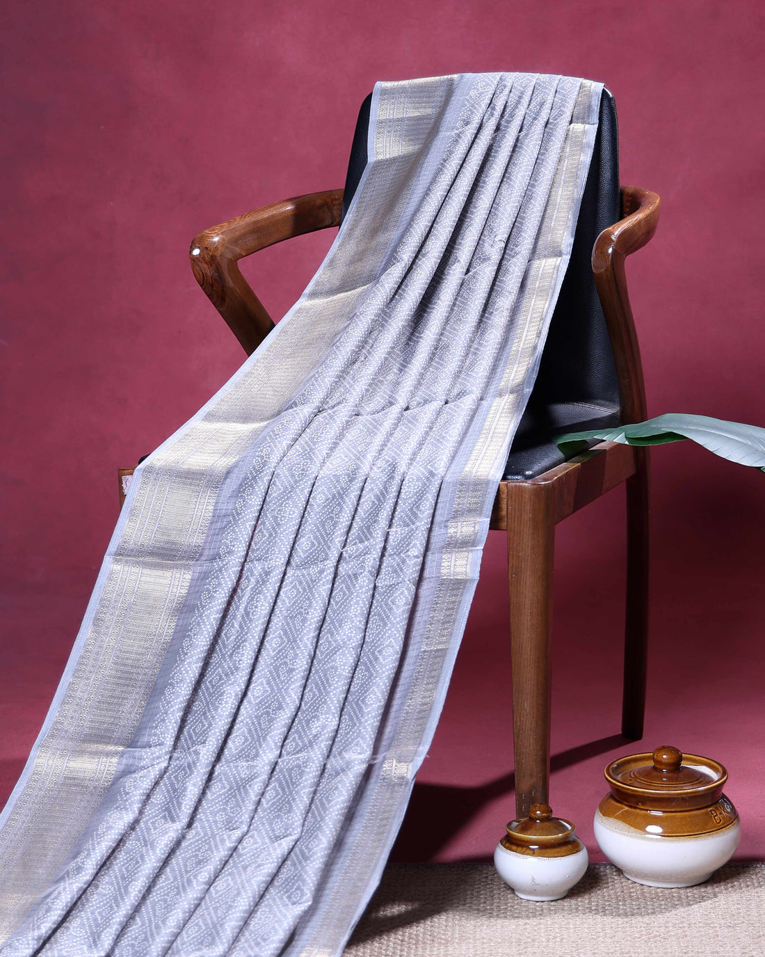 Elegant Dola Silk Saree with Geometric Diamond Pattern and Elegant Border -  Grey