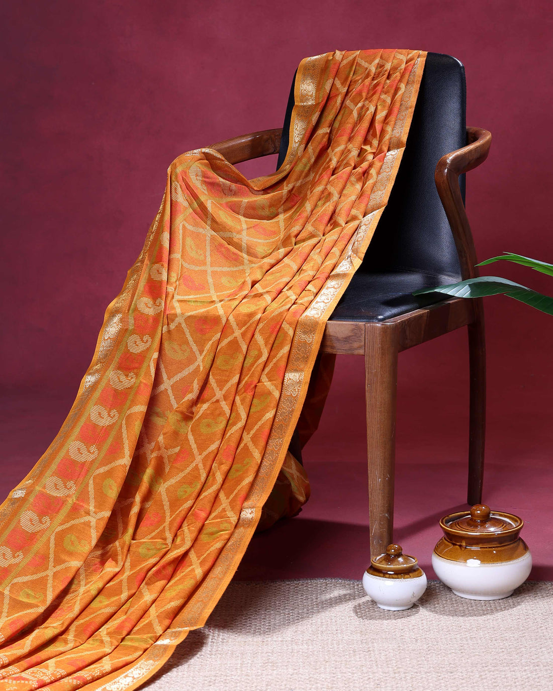 Elegant Dola Silk Saree with Geometric Weave Motifs and Luxurious Woven Zari Border - Mustard